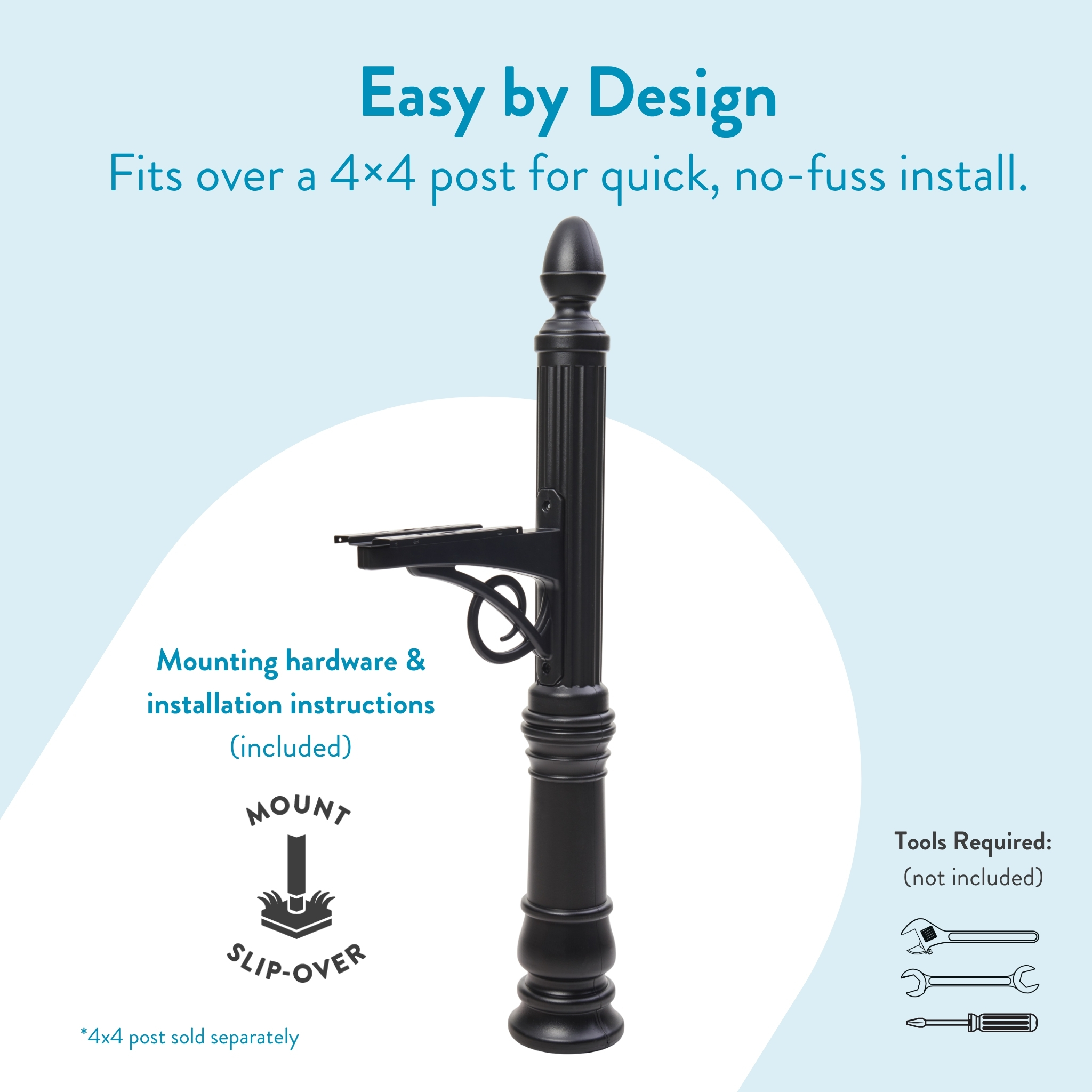 Promo image for Easy by Design: a black 4x4 post with a mounting bracket; text notes hardware and installation instructions included.