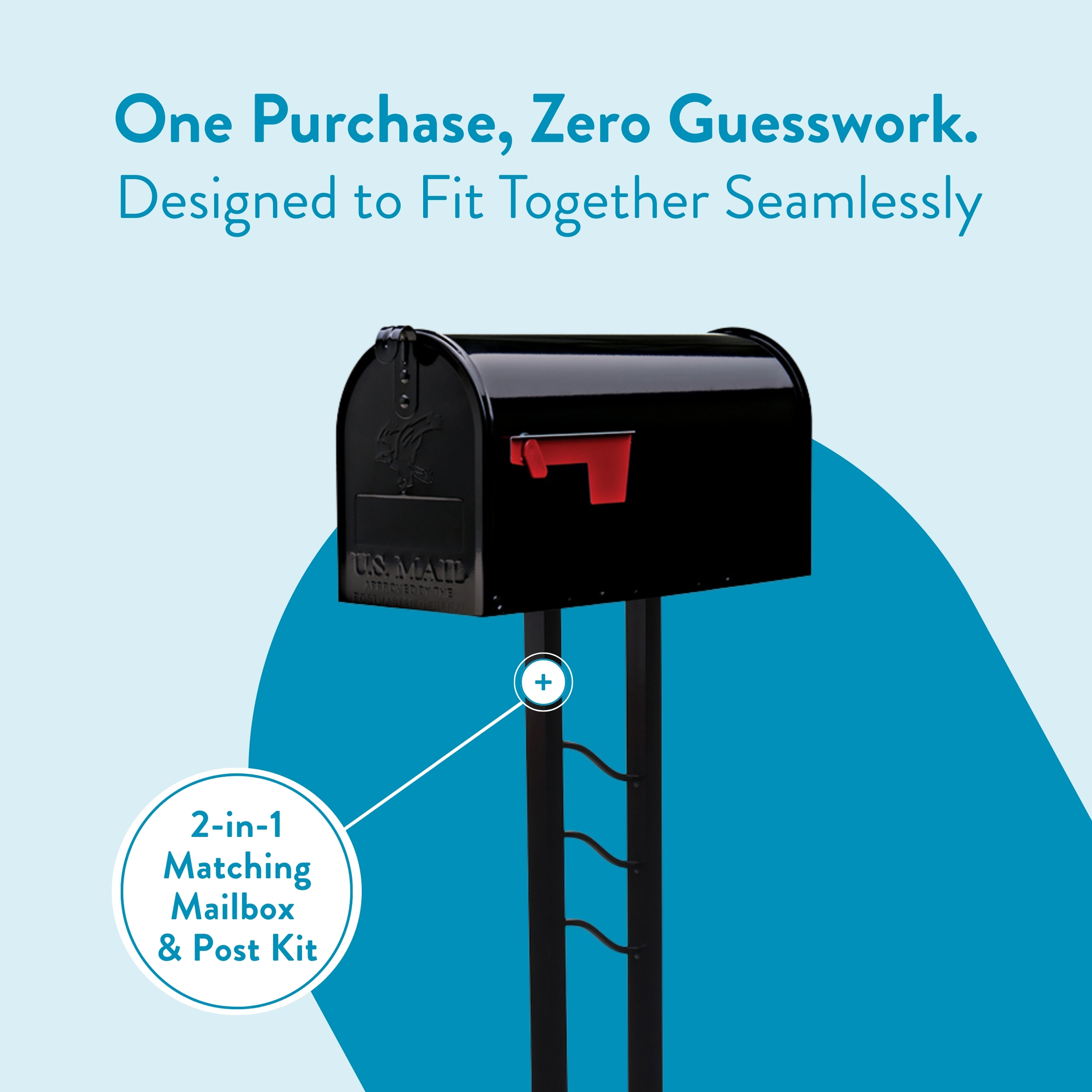 Black curbside mailbox on a tall post against a pale blue background; circular badge reads '2-in-1 Matching Mailbox & Post Kit'.