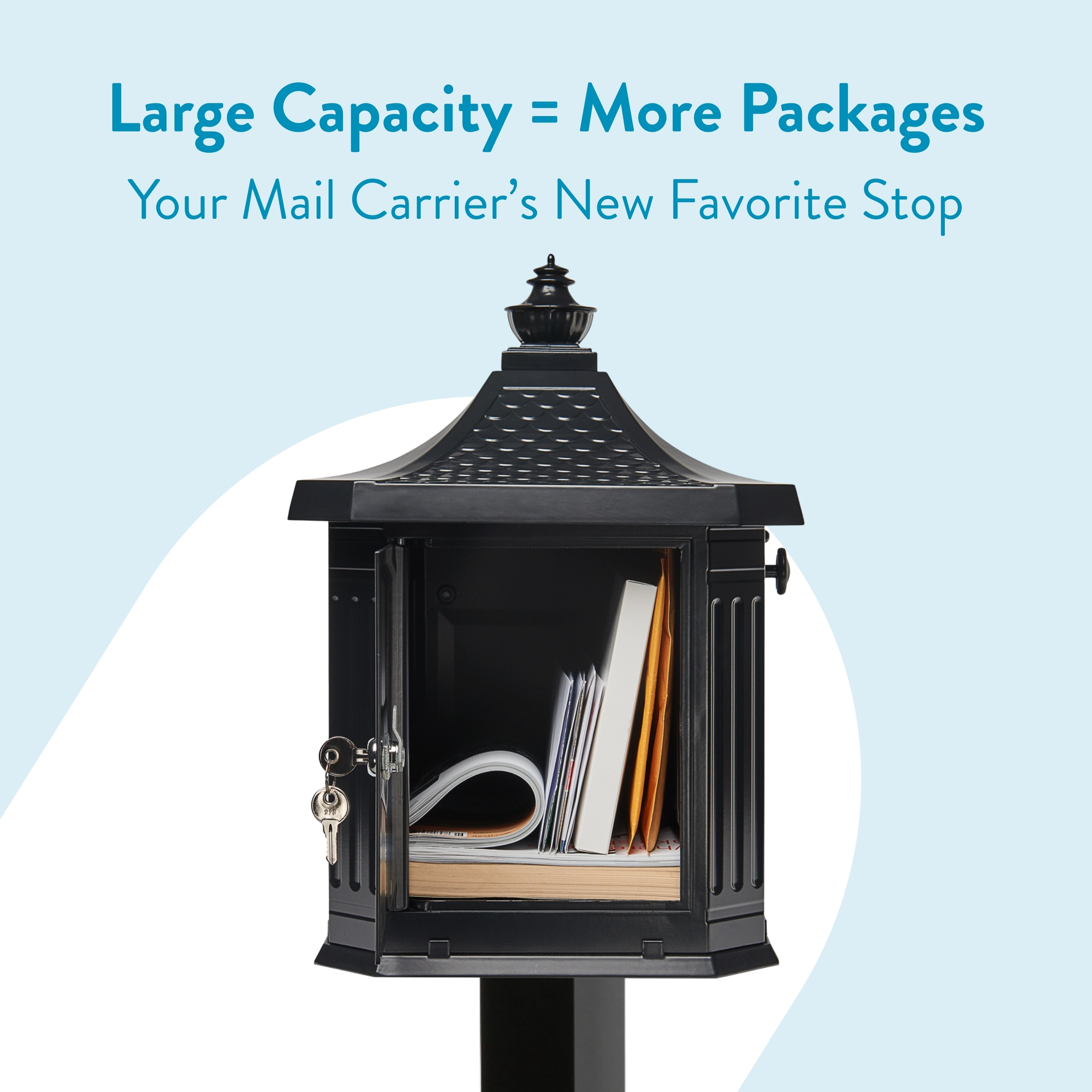 Open black mailbox on a post filled with papers and folders, against a light blue background with ad text above reading 'Large Capacity = More Packages' and 'Your Mail Carrier’s New Favorite Stop'
