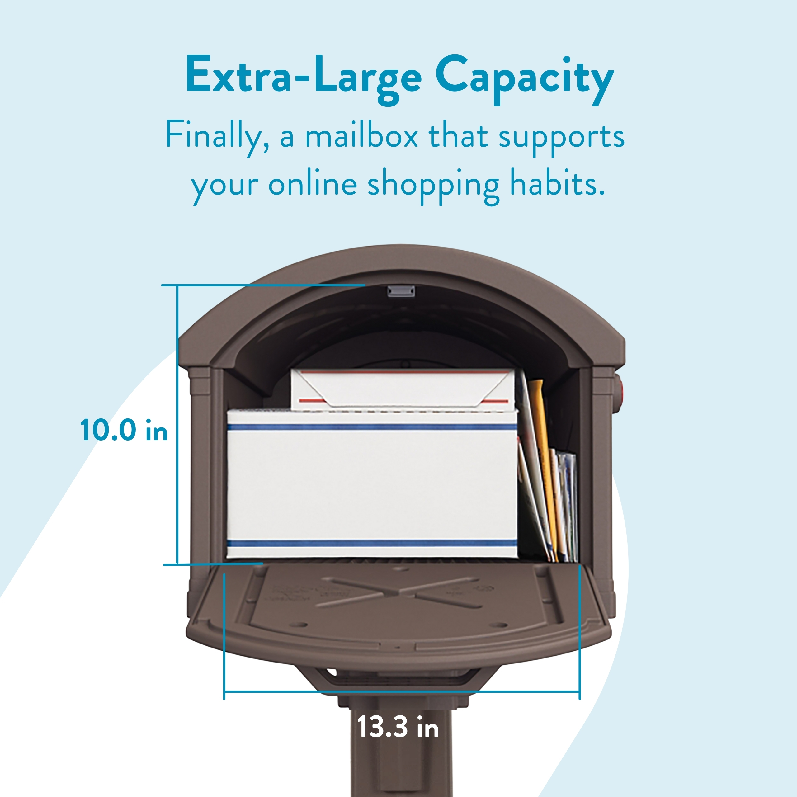 Open brown mailbox filled with envelopes and small packages; blue measurement lines show 10-inch height and 13.3-inch width, indicating extra-large capacity.