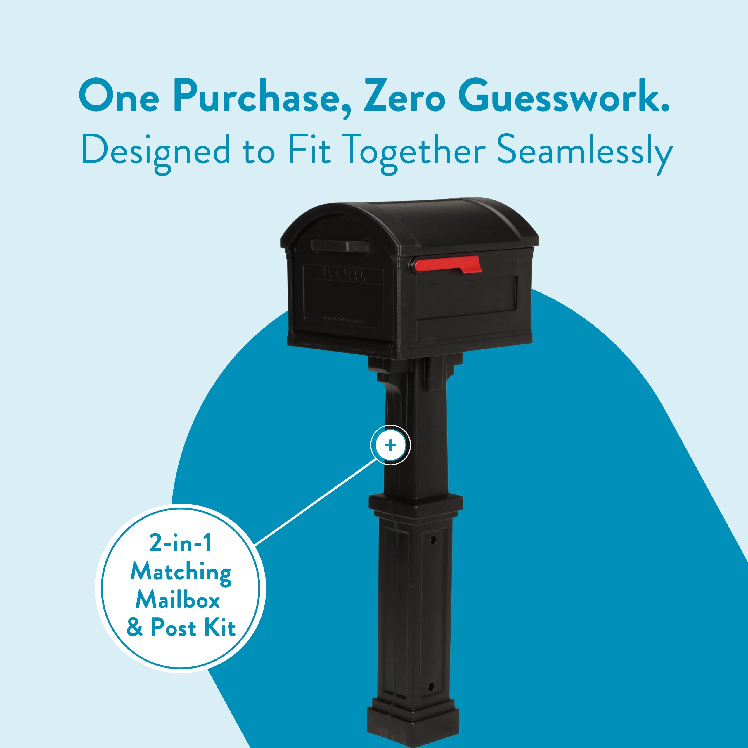 Advertising image: a black mailbox on a tall post with a blue circular backdrop and product badge reading '2-in-1 Matching Mailbox & Post Kit' beside the post.