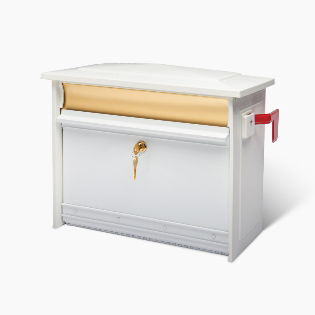 White residential curbside mailbox with a gold-tone lock and a raised red outgoing-mail flag.