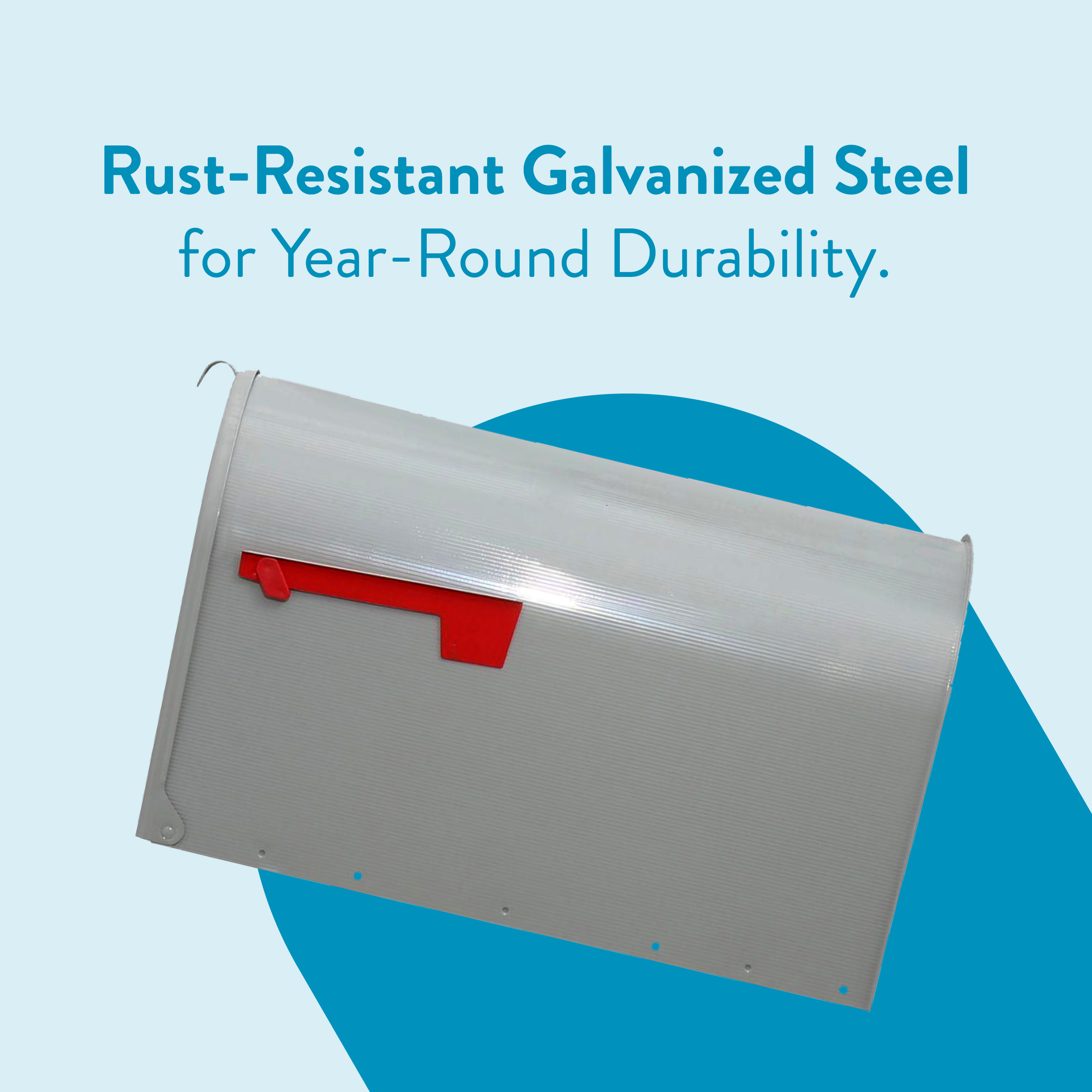 Marketing graphic showing rust-resistant galvanized steel with a gray metal mailbox and red latch against a blue circular backdrop that emphasizes durability text.