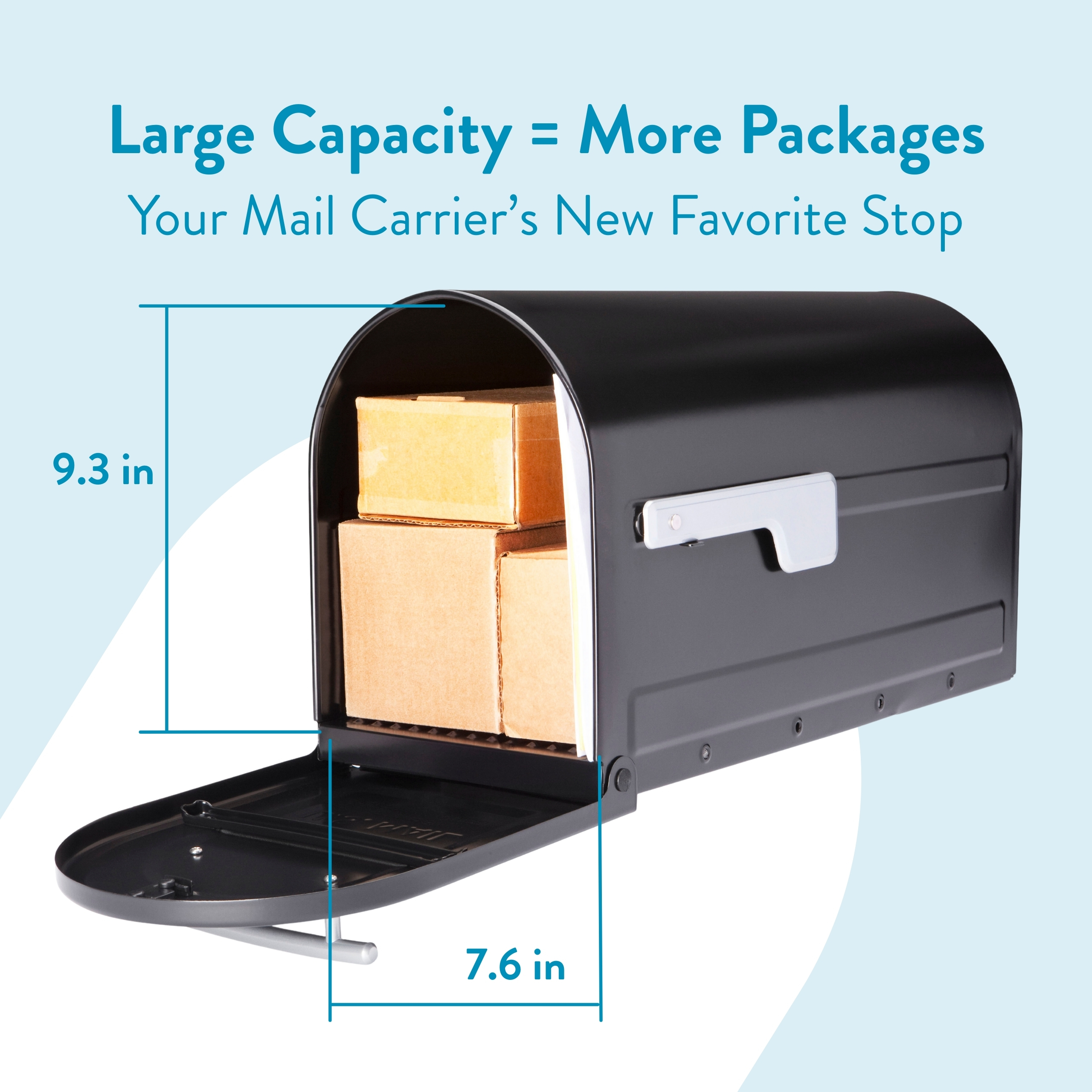 Open black mailbox filled with two cardboard boxes, with dimension lines showing 9.3 in height and 7.6 in depth, illustrating large capacity.