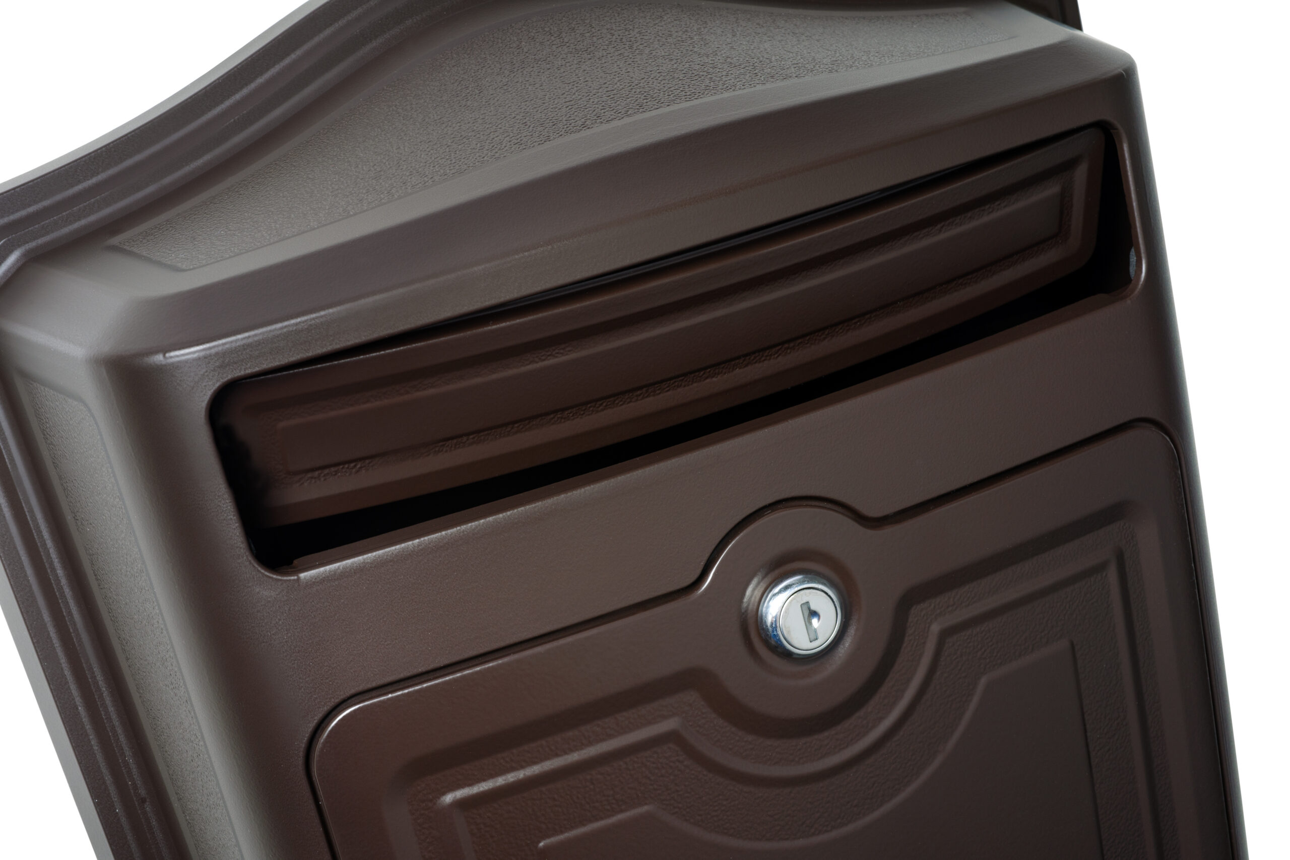 Brown metal security safe with a horizontal deposit slot and a circular key lock.