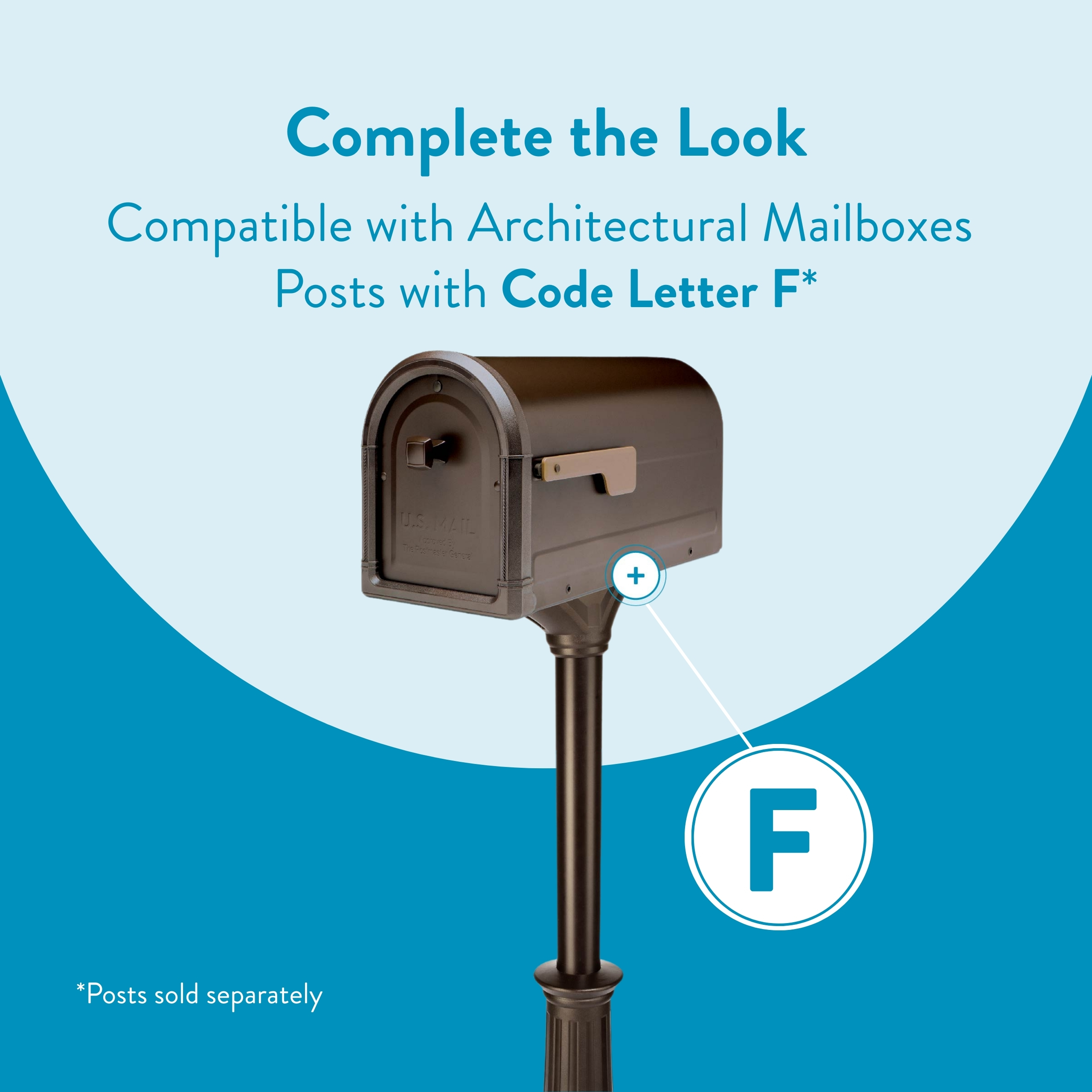 Mailbox on a post with a highlighted letter F, indicating compatibility with architectural mailboxes (Code F).