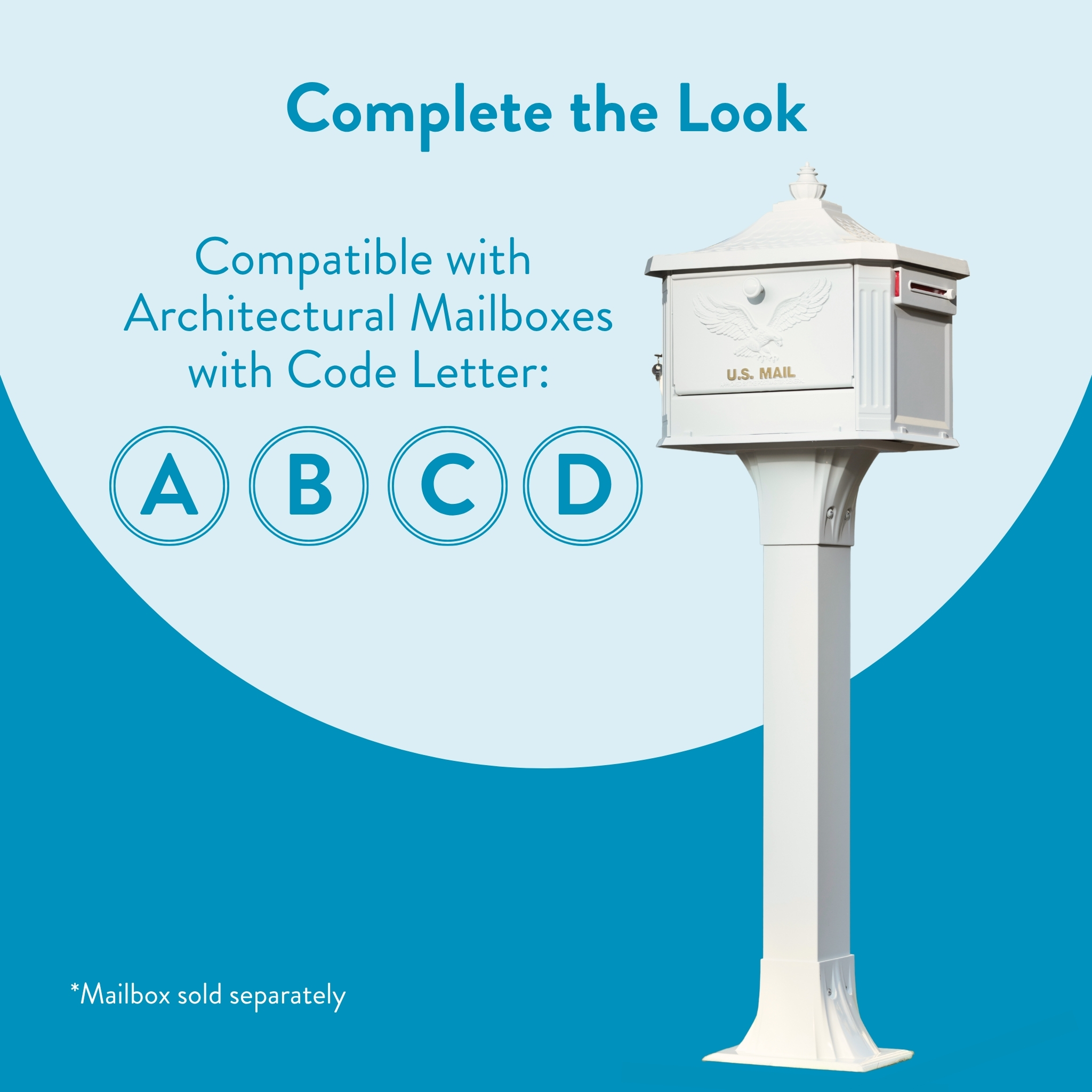 Promotional graphic: white mailbox on a pedestal with A, B, C, D circular badges on a blue background.