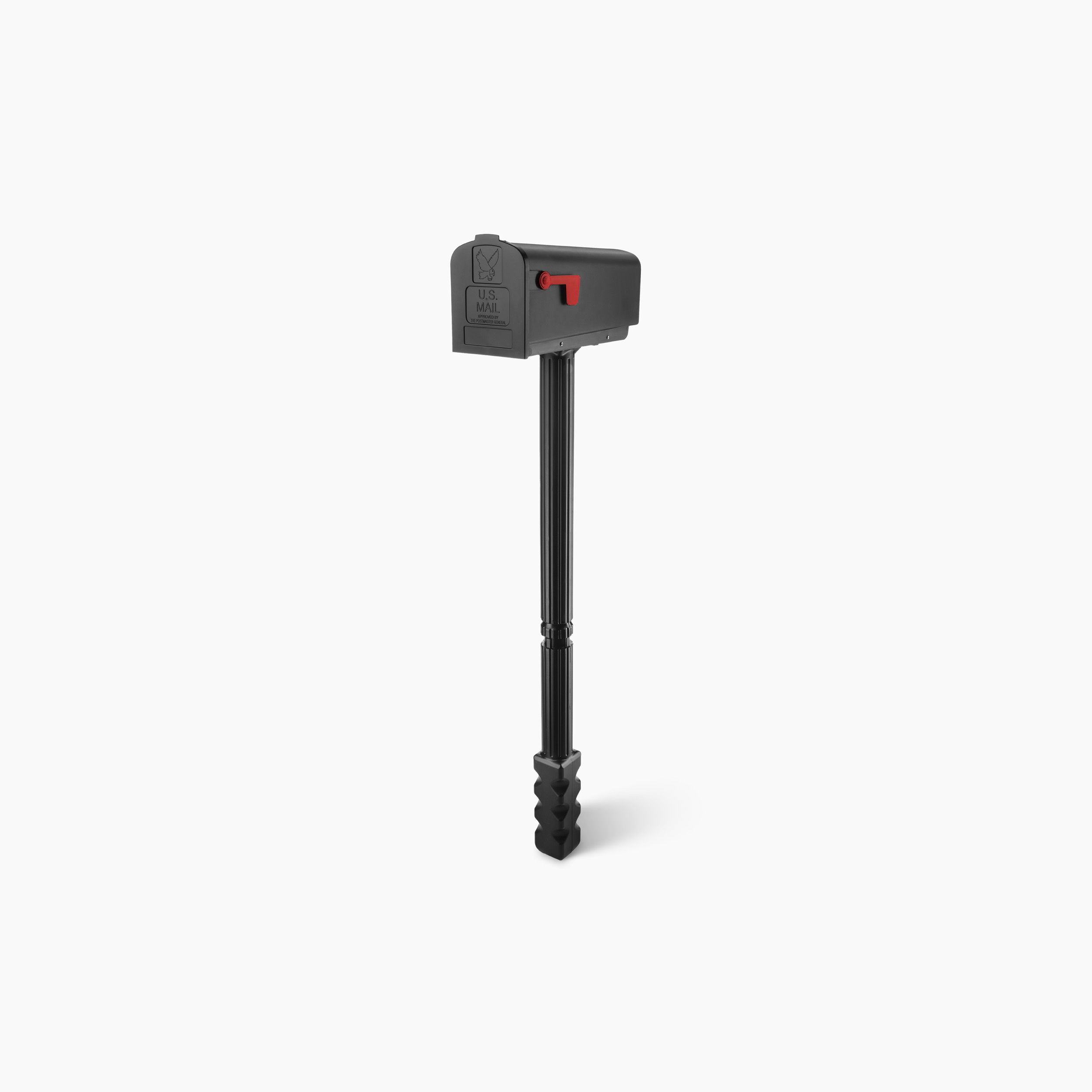 Black mailbox on a tall vertical post with a red flag, isolated on a white background.