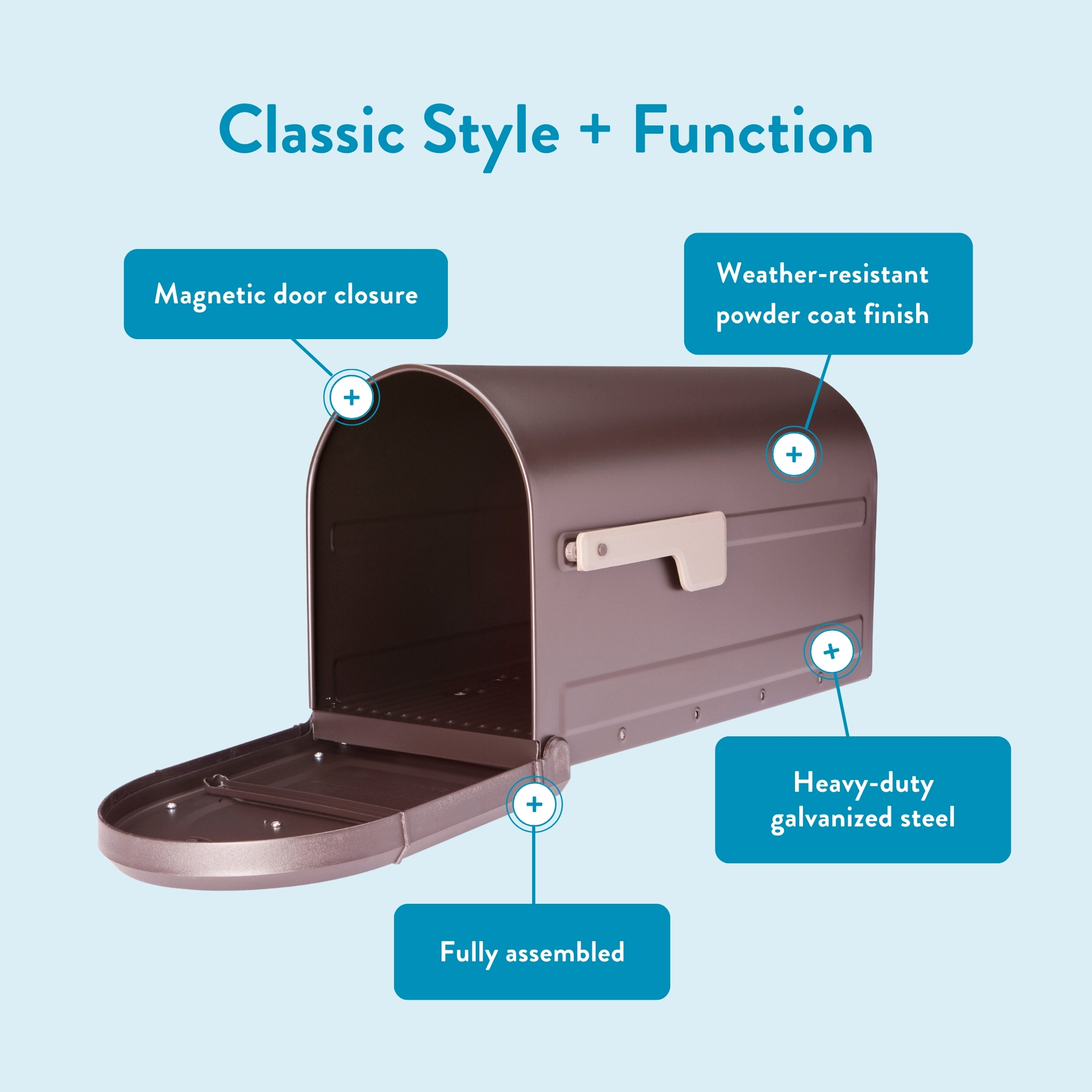 Classic mailbox with magnetic door closure, weather-resistant powder coat, galvanized steel, and fully assembled.