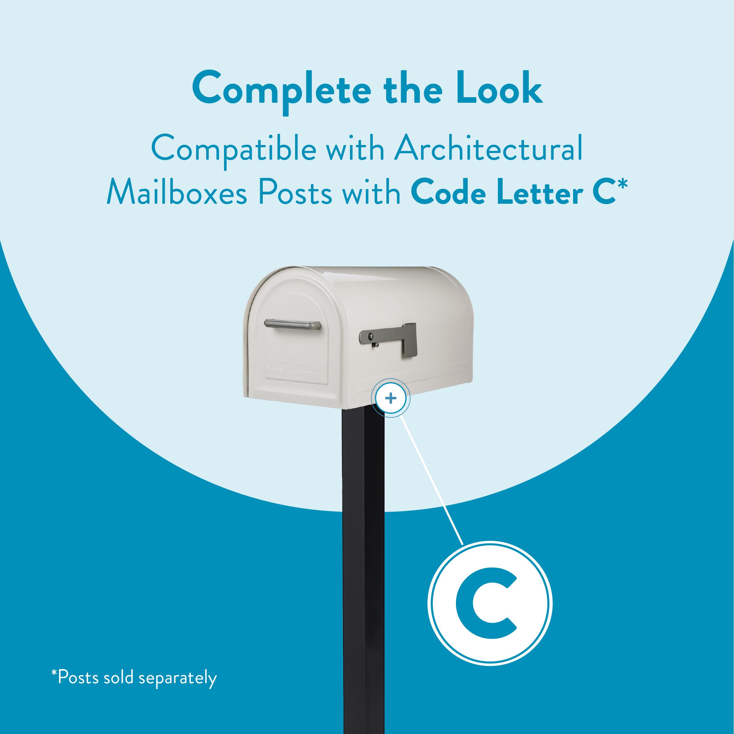 Promotional graphic showing an architectural mailbox on a post with a Code Letter C badge, highlighting compatibility with Code C posts (posts sold separately).