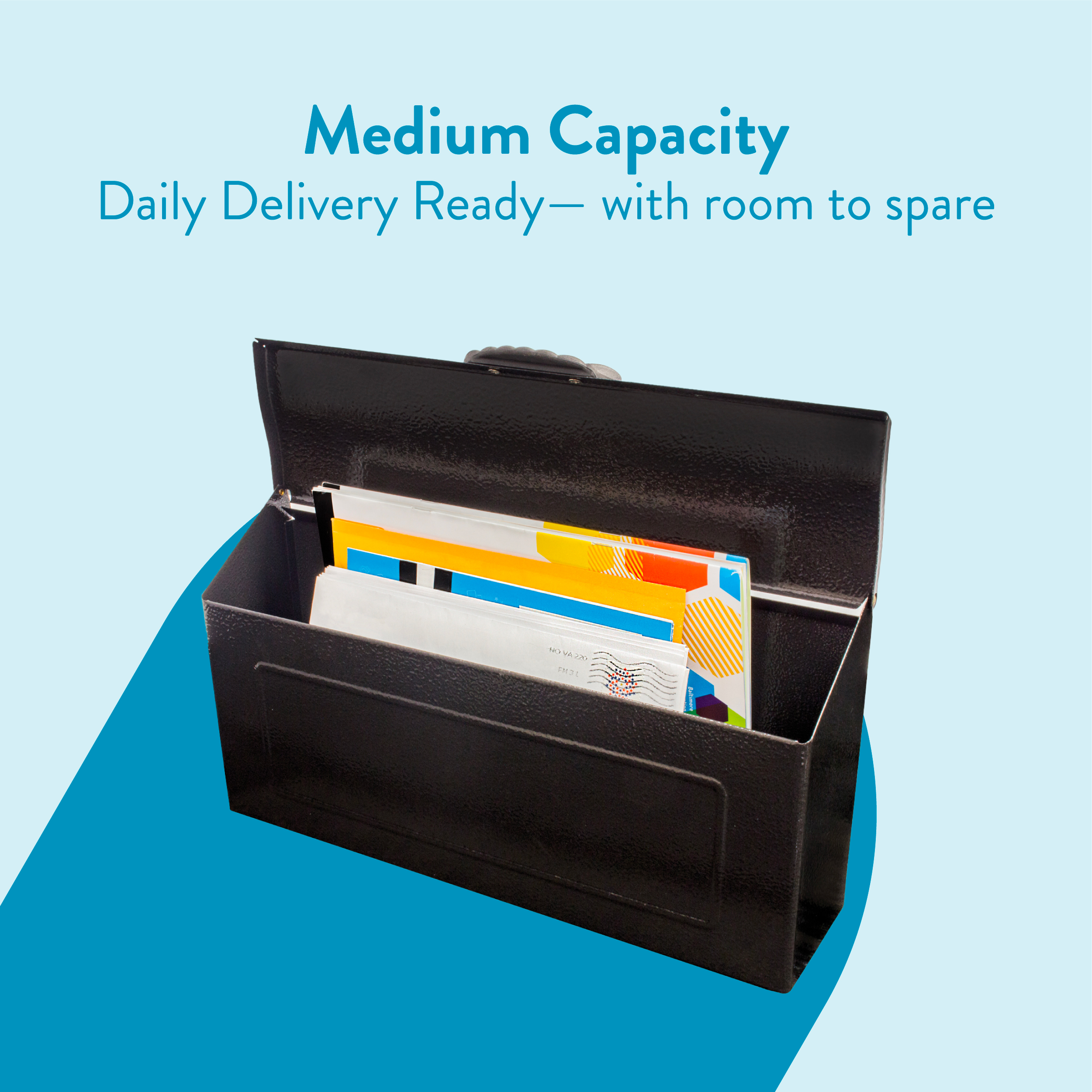 Open black leather wallet showing multiple colorful cards, set against a light blue background with the caption 'Medium Capacity Daily Delivery Ready— with room to spare'