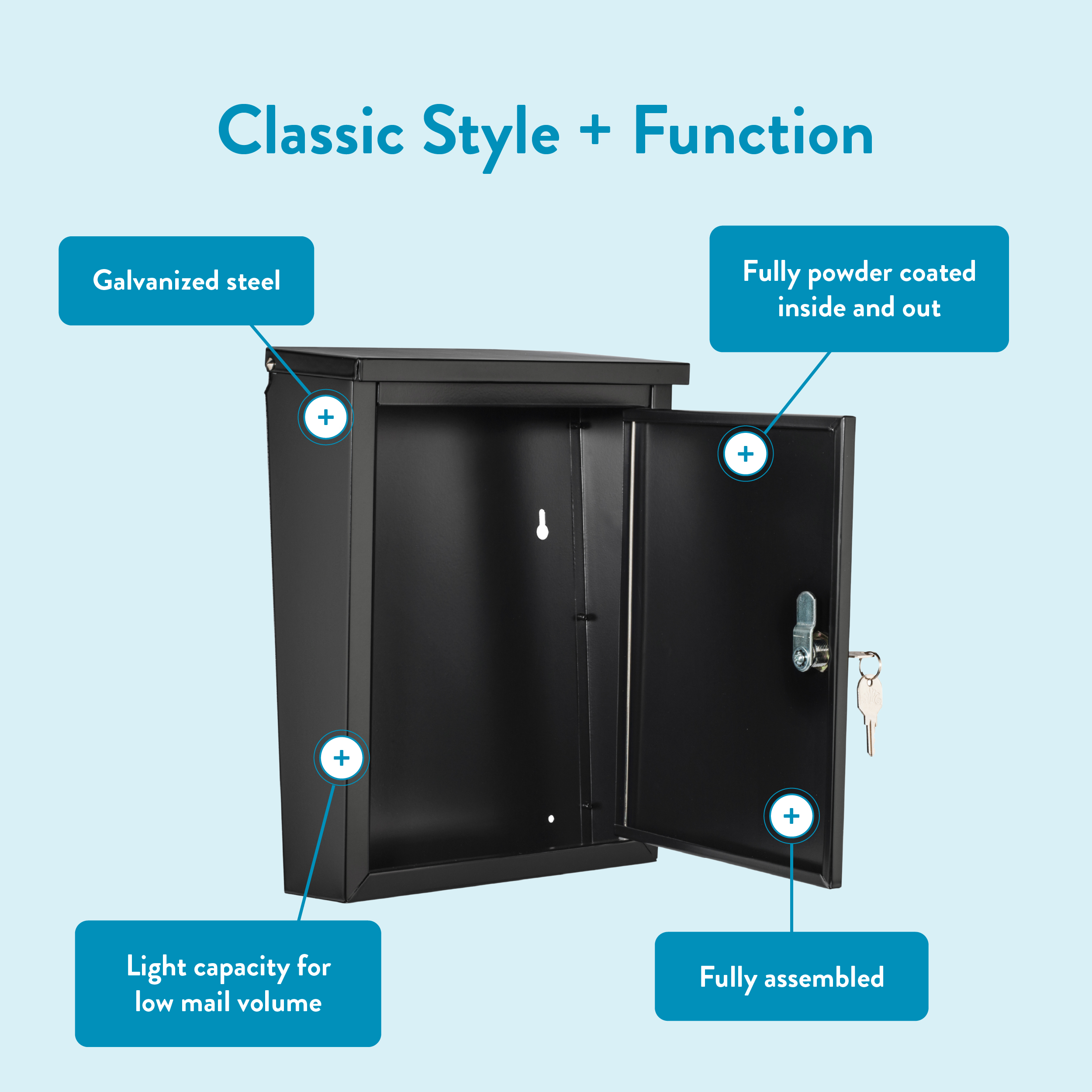 Open black metal mailbox showing inner compartment; features: galvanized steel, powder-coated interior and exterior, small mail capacity, and key lock.