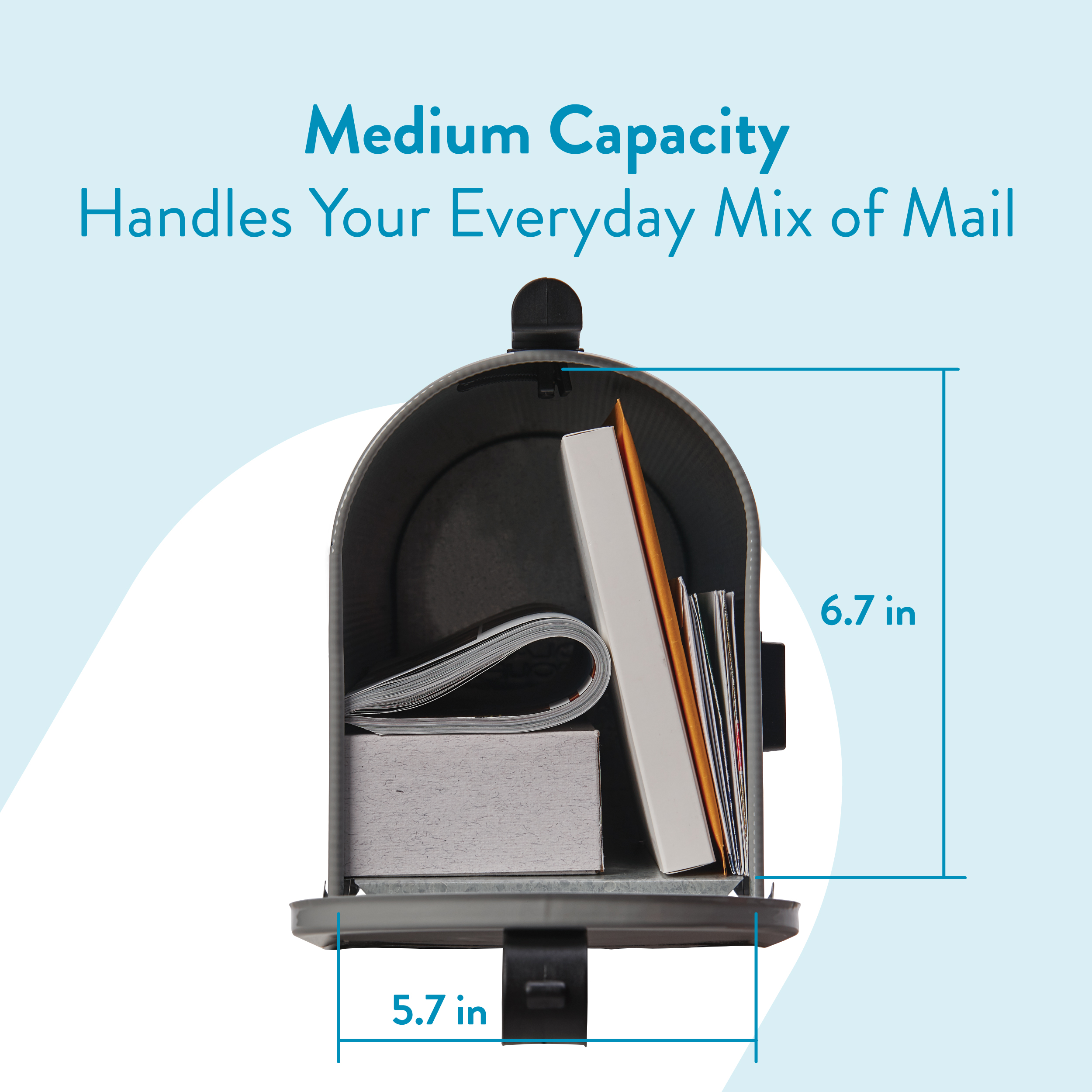 Medium-capacity mailbox opened with mail and a book inside, showing dimensions of 6.7 in tall by 5.7 in wide.