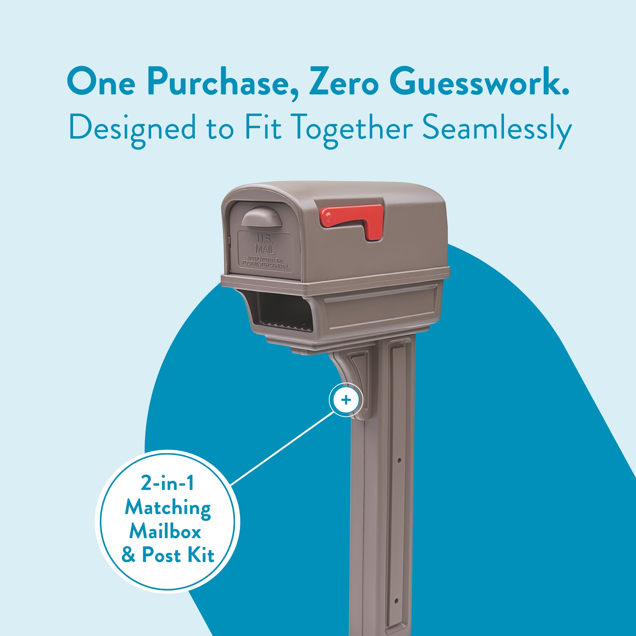 Promotional image showing a gray mailbox on a tall post with a blue arc background and a circular label that reads '2-in-1 Matching Mailbox & Post Kit'.