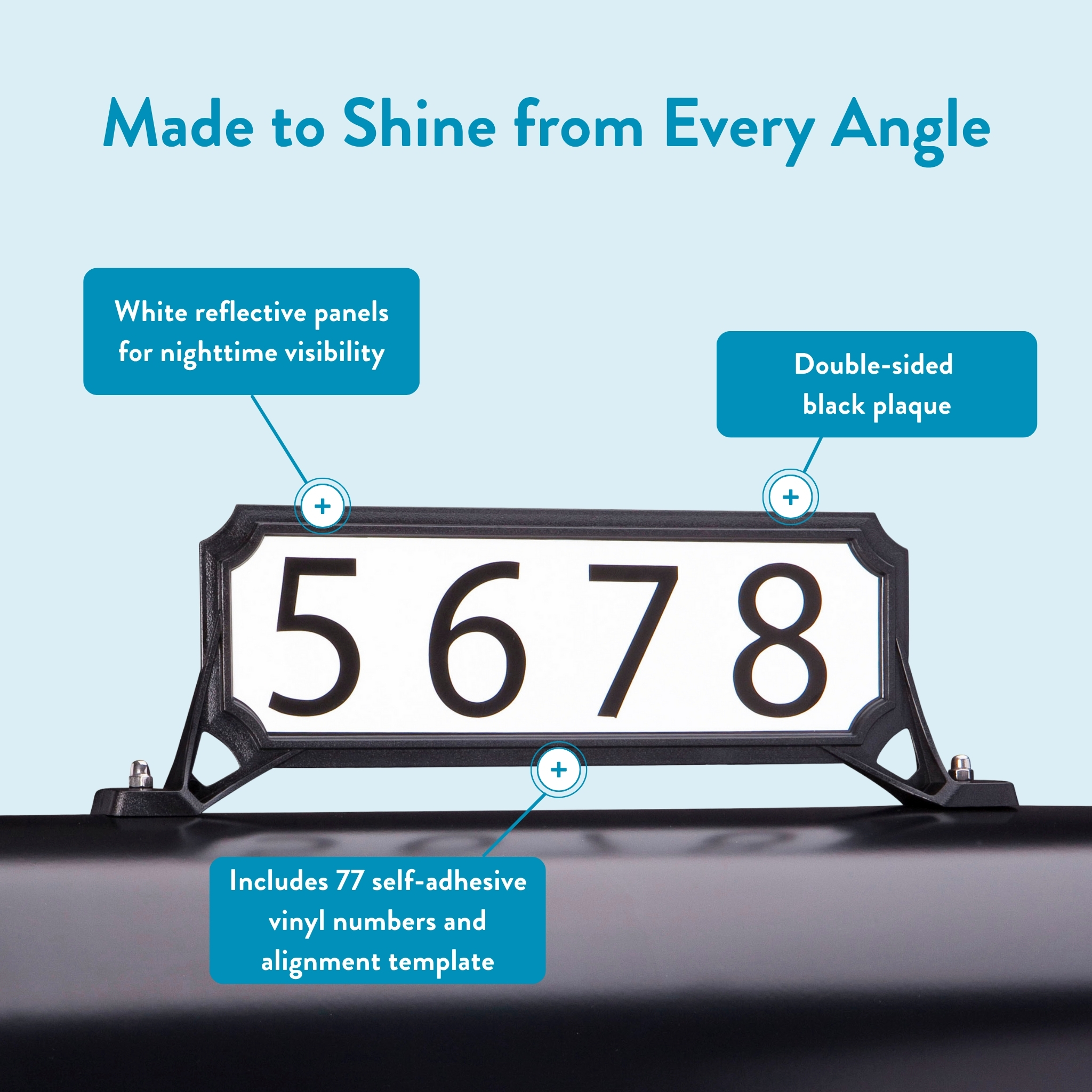 Infinity blue background with a numbered address plaque showing 5 6 7 8 and callouts: white reflective panels, double-sided black plaque, and 77 self-adhesive vinyl numbers with alignment template.