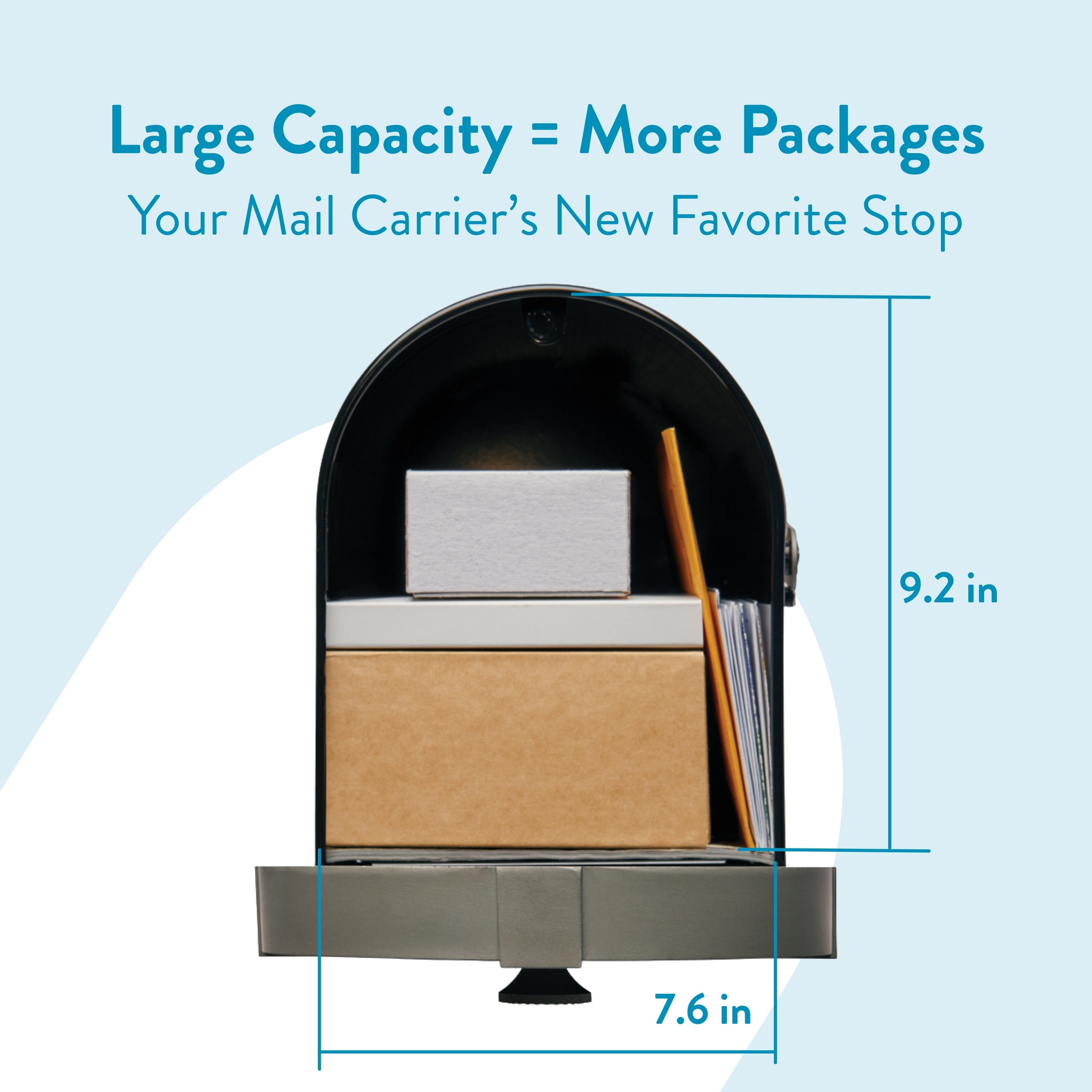 Mailbox filled with stacked boxes to show large capacity for more packages; includes measurements 9.2 in high and 7.6 in wide, on a light blue background.