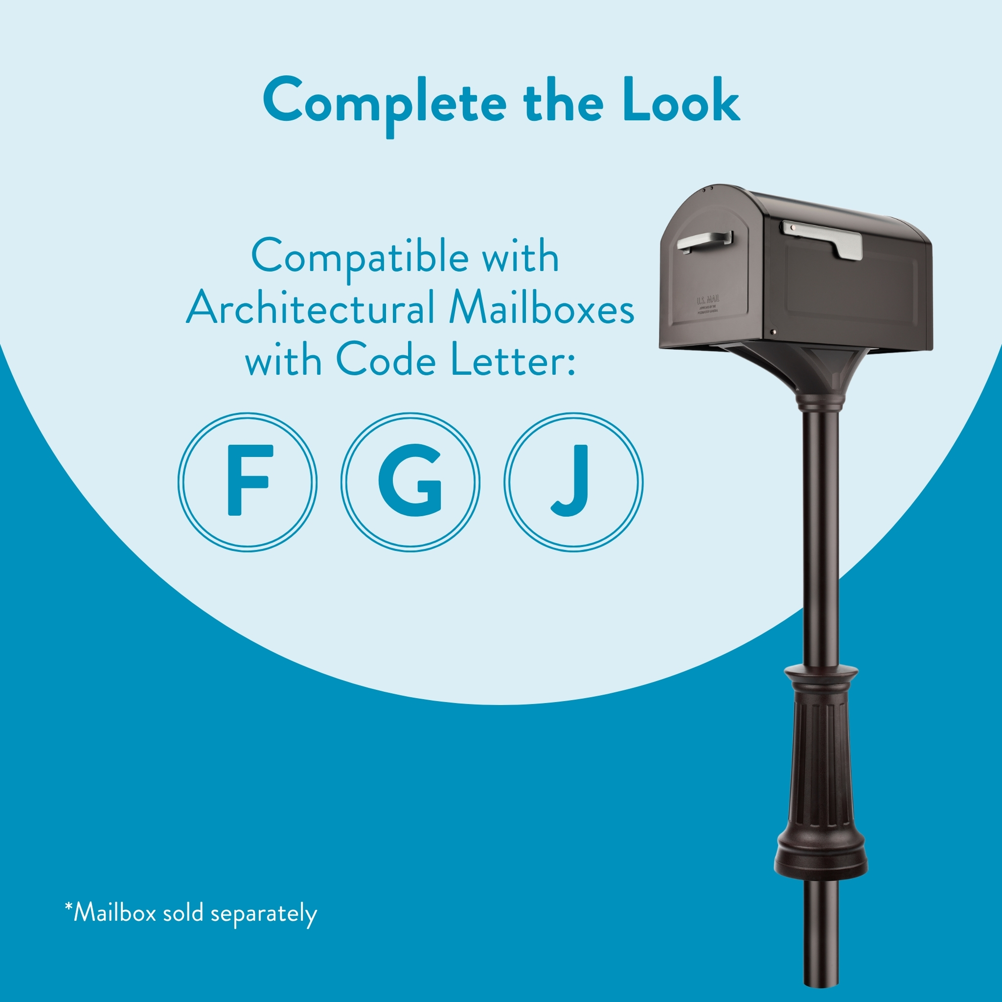 Promotional poster showing a mailbox on a post with the words 'Complete the Look' and letters F, G, J in circles.