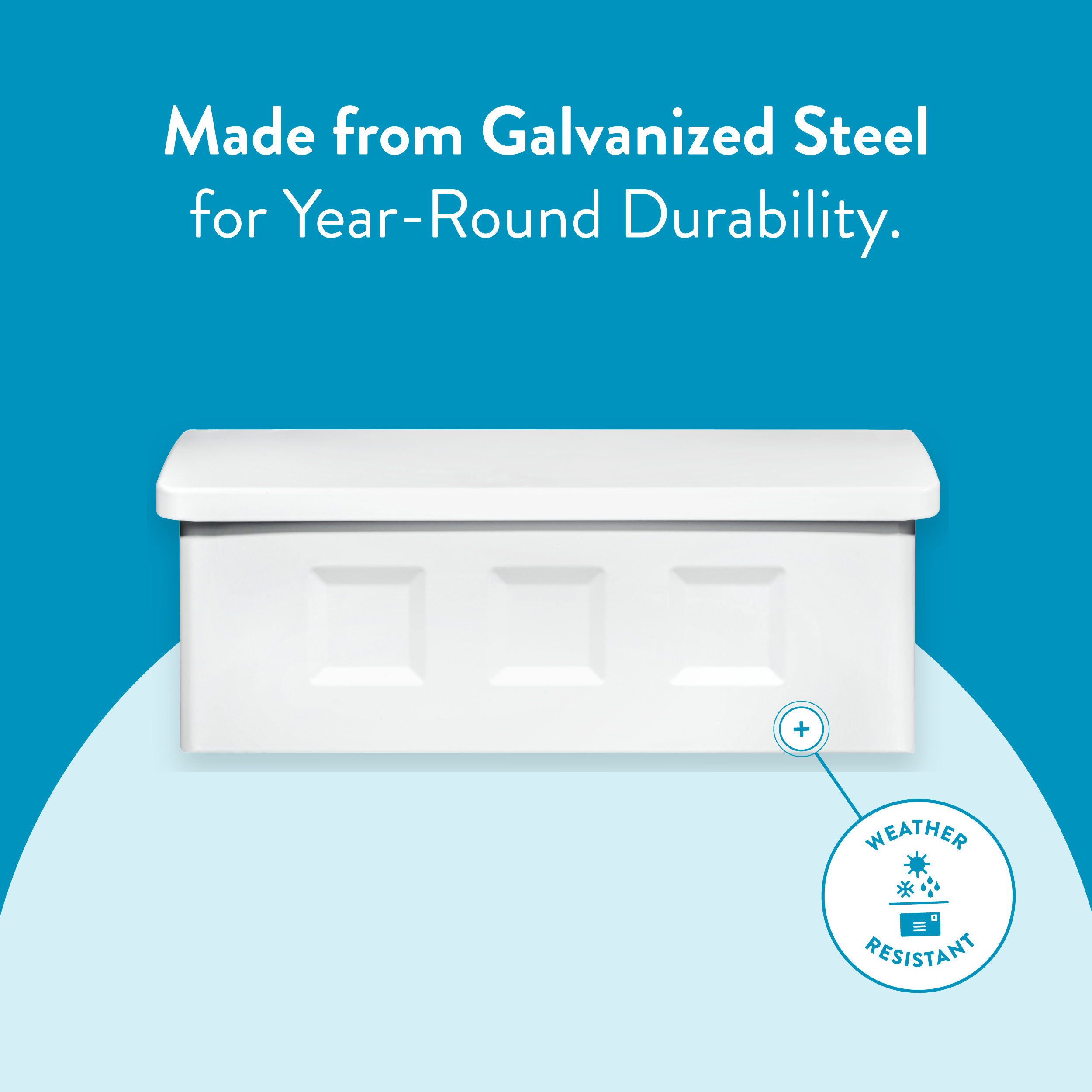 White storage box with a rounded lid against blue background; headline reads 'Made from Galvanized Steel for Year-Round Durability' (informational product ad). The weather-resistant badge is shown in the lower-right.