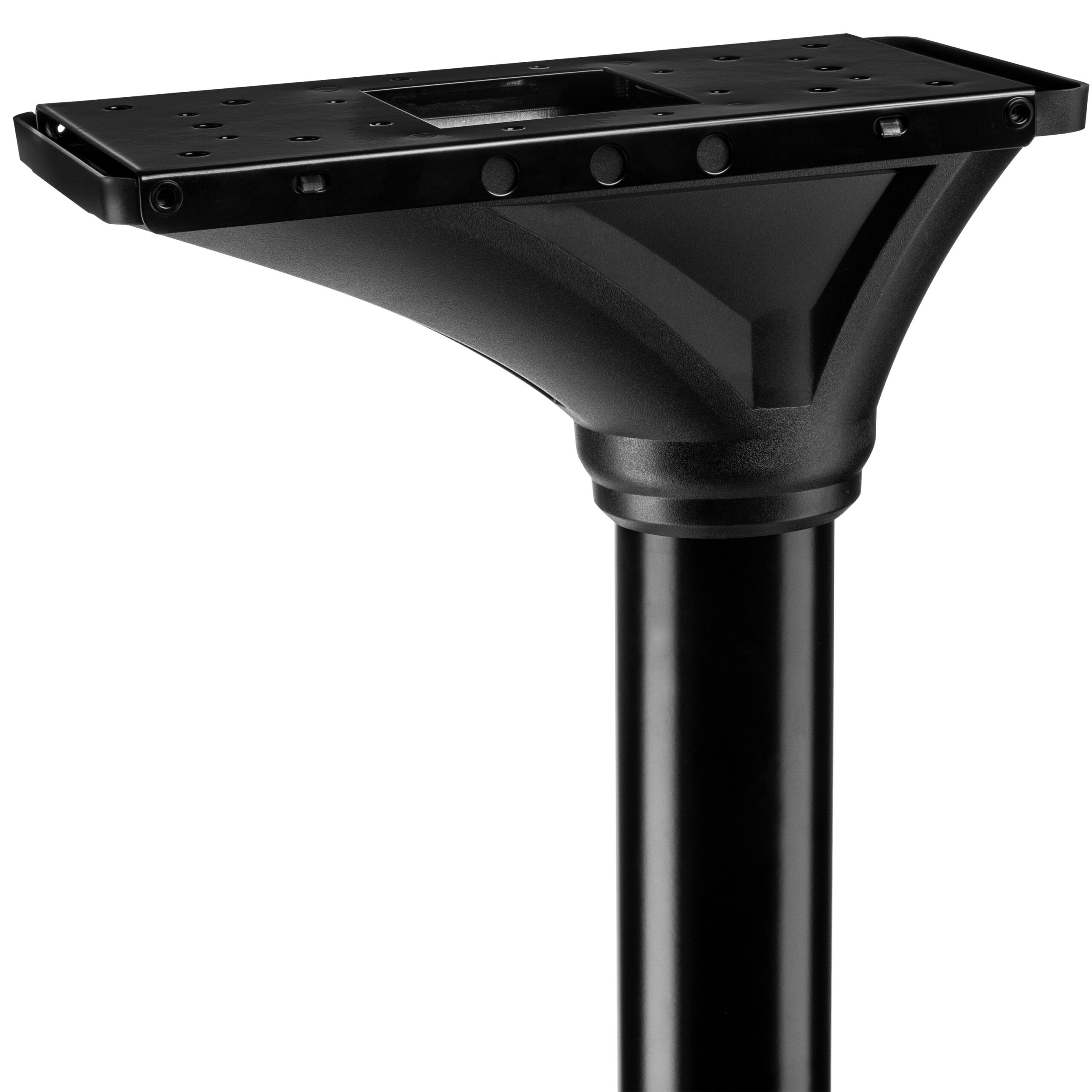 Close-up of a black pedestal stand head with a rectangular mounting plate and vertical pole, used to mount a device (e.g., speaker).