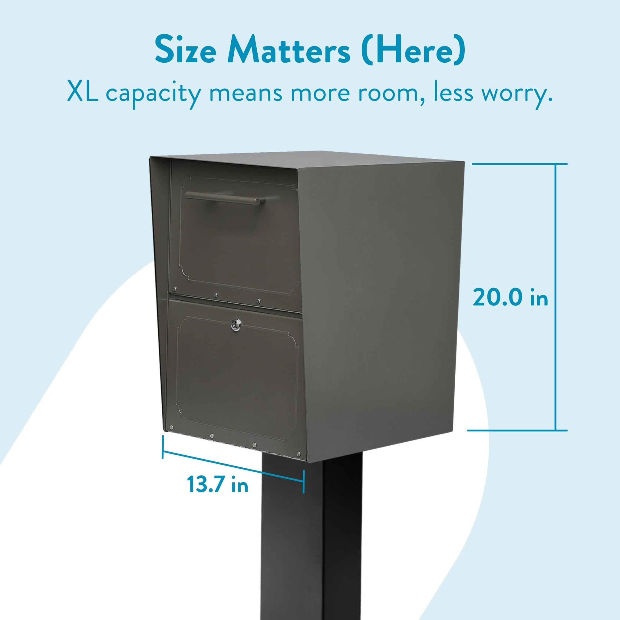 Infographic showing a gray mailbox on a post with blue lines and labels: 20 in tall and 13.7 in wide, highlighting its large capacity. Caption reads “Size Matters (Here) XL capacity means more room, less worry.”