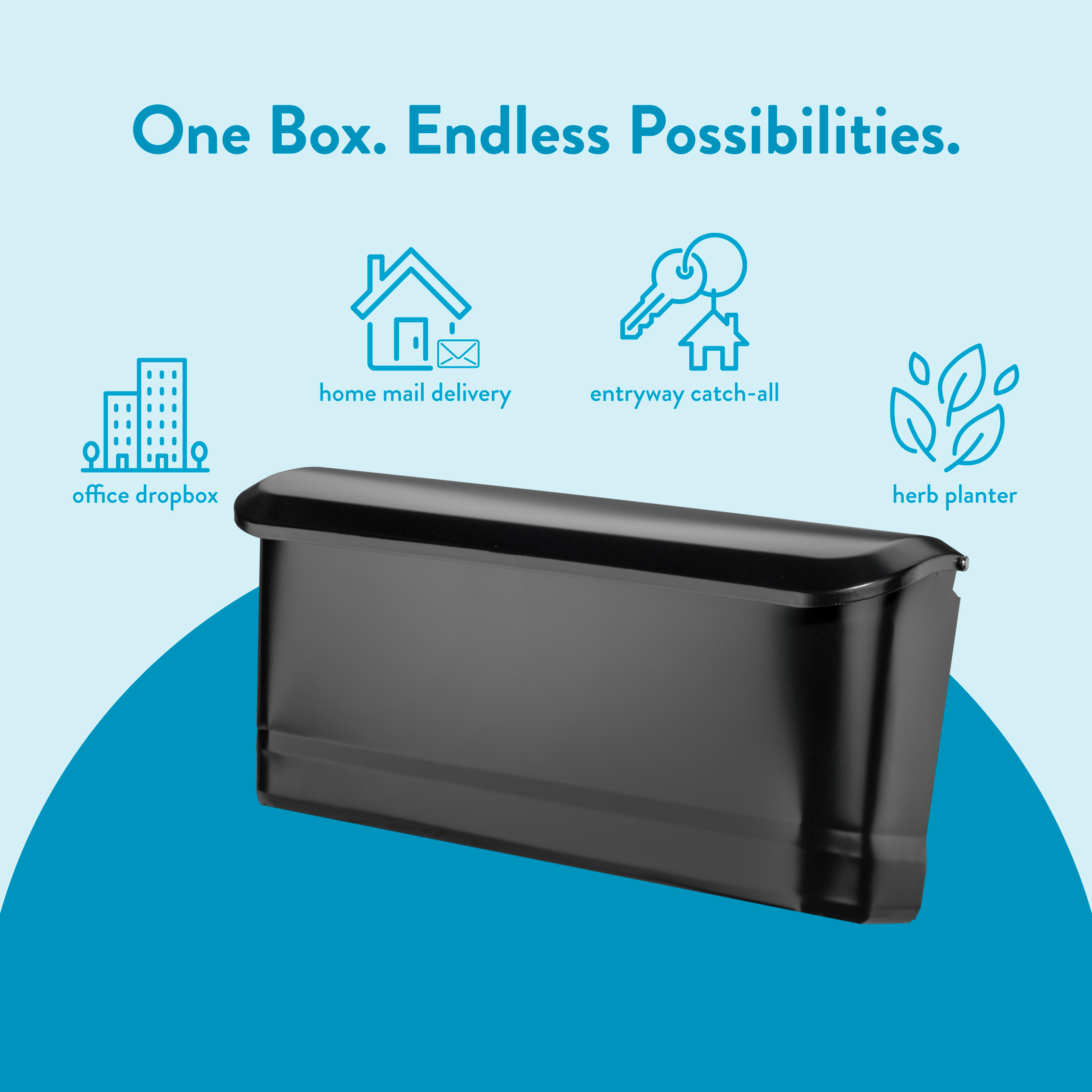 Promotional graphic for One Box showing possible uses: office dropbox, home mail delivery, entryway catch-all, and herb planter.