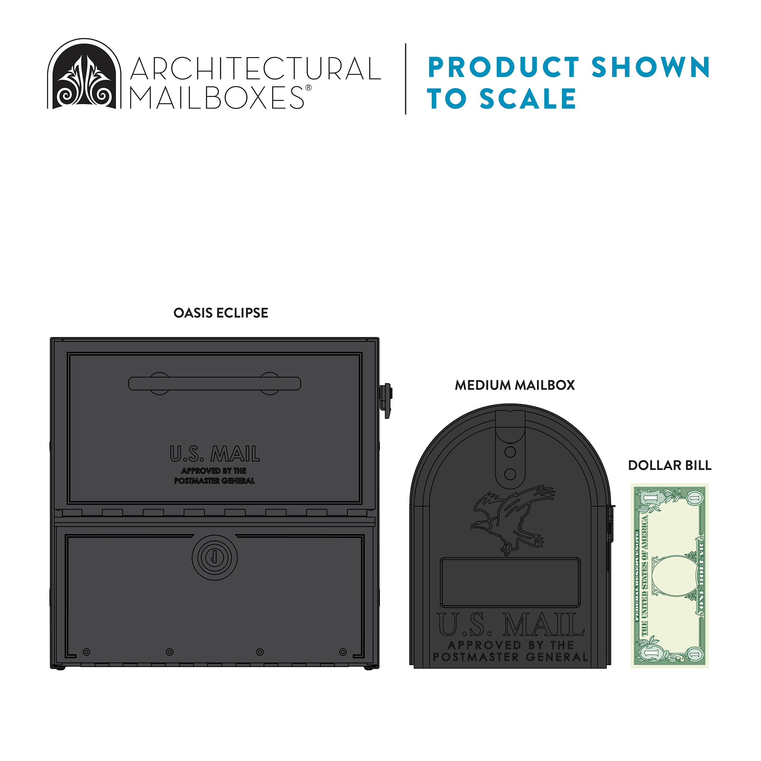 Product diagram showing a large Oasis Eclipse wall mailbox and a smaller mailbox with a dollar bill for scale with the brand logo at top.