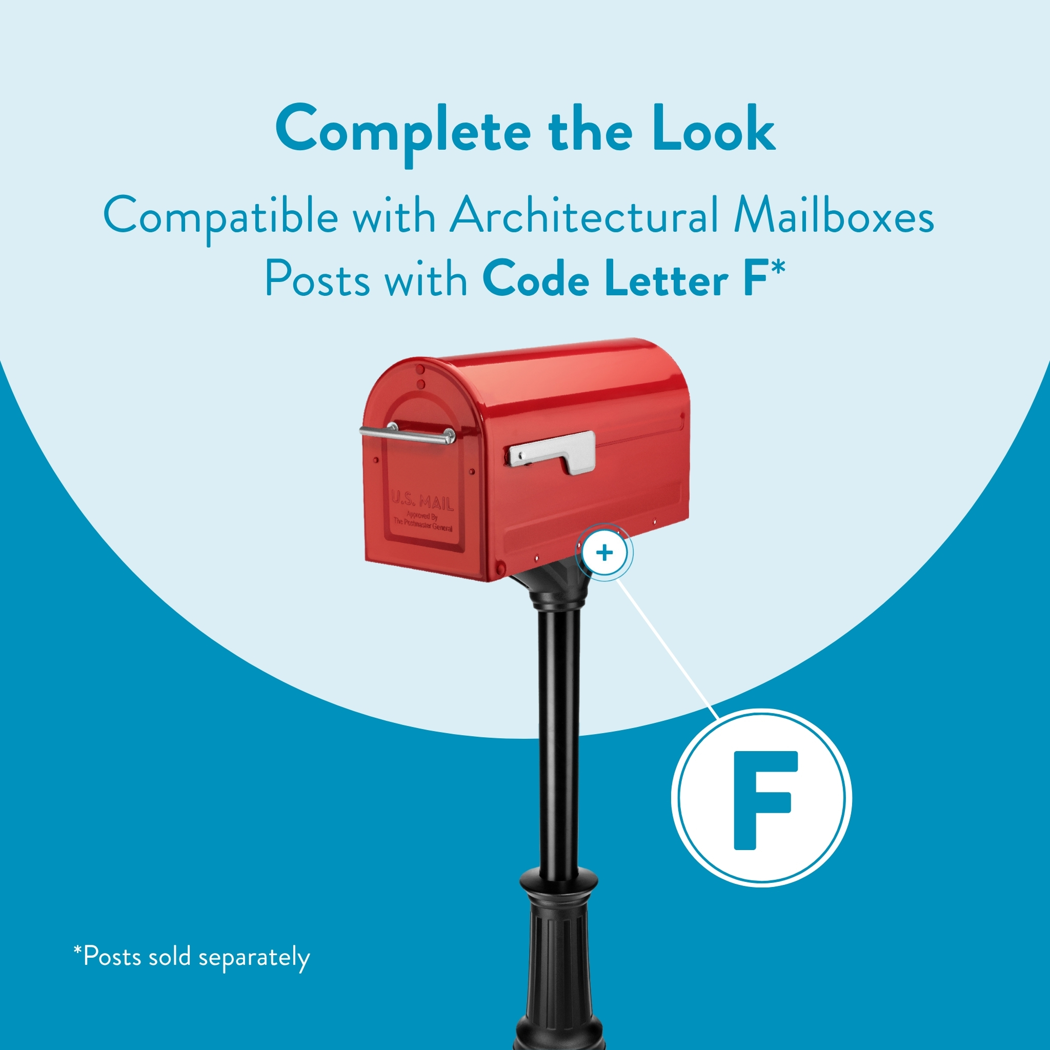 Promotional image showing a red mailbox on a black post, highlighting compatibility with architectural mailbox posts coded as F for letter F.