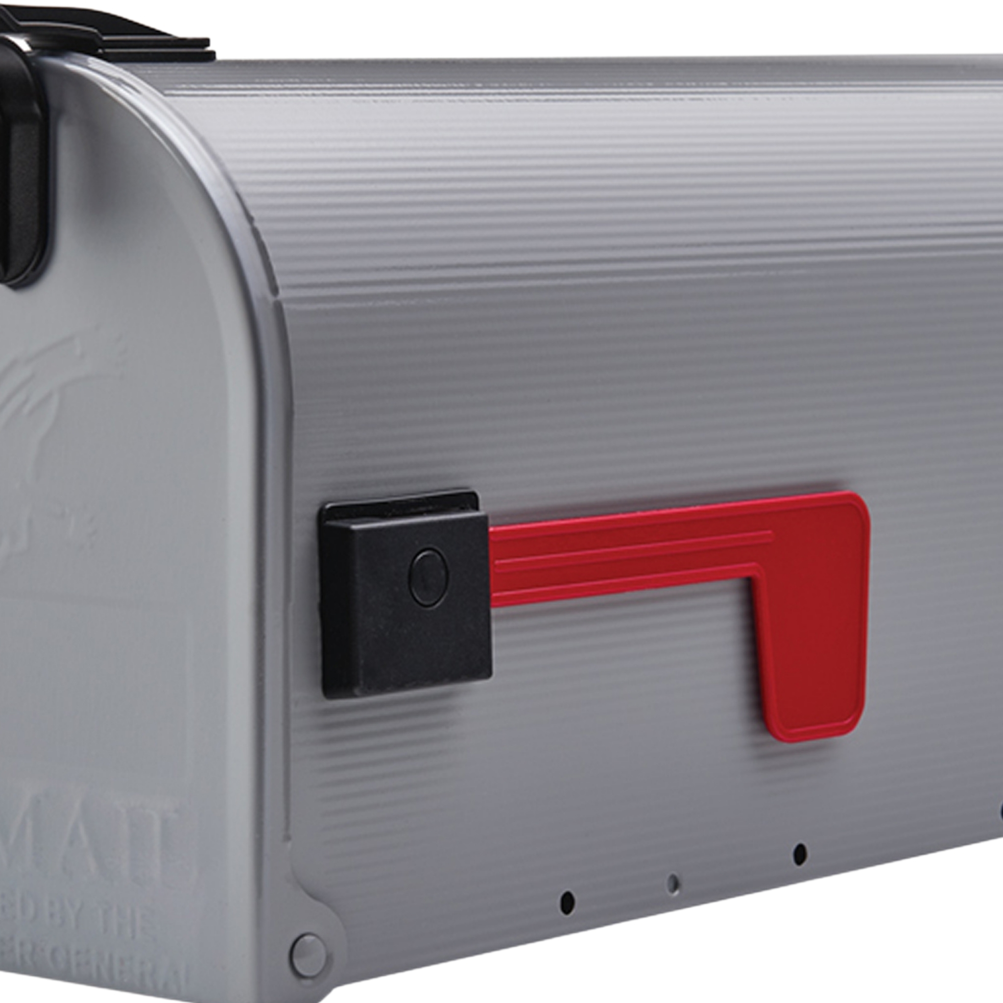 Grey metal curbside mailbox with a raised red flag and a black latch on the side.
