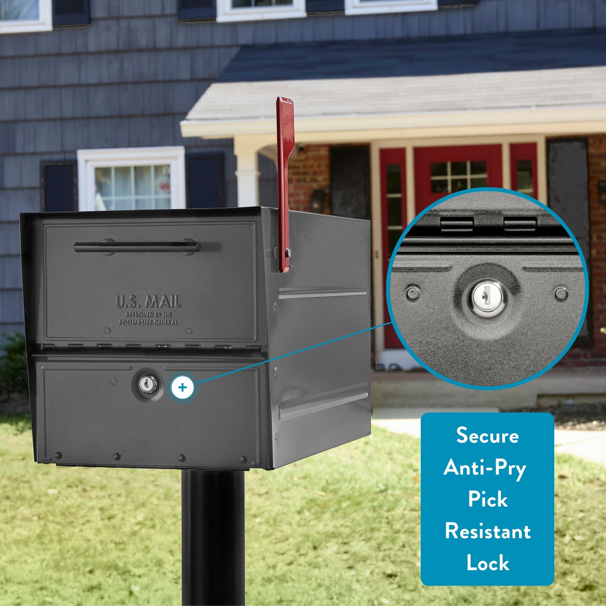 Gray U.S. Mailbox on a stand with a red flag; close-up shows a secure anti-pry lock on the lower compartment; emphasizes security features for mail.