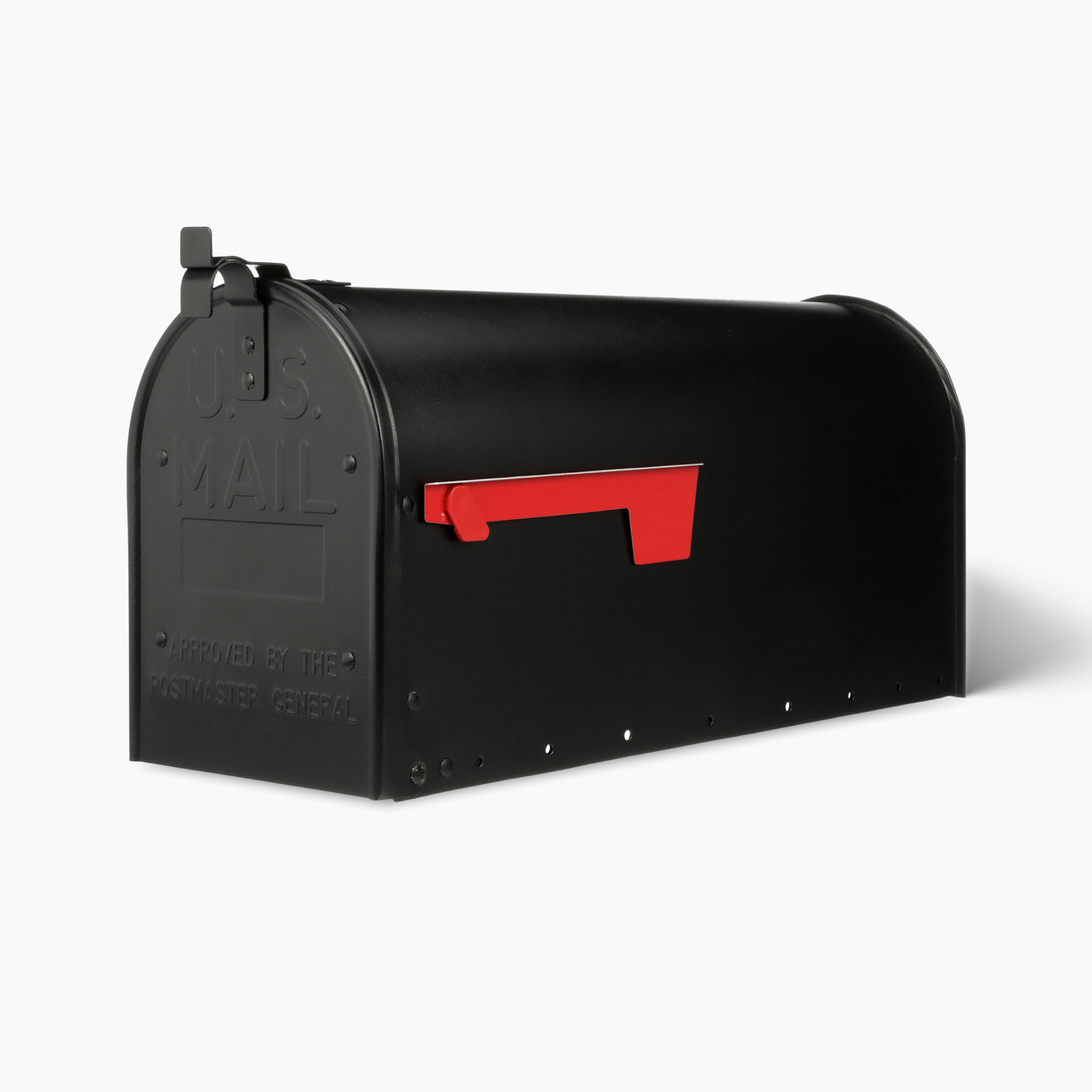 Black U.S. Mail mailbox with a red flag raised, on a white background.
