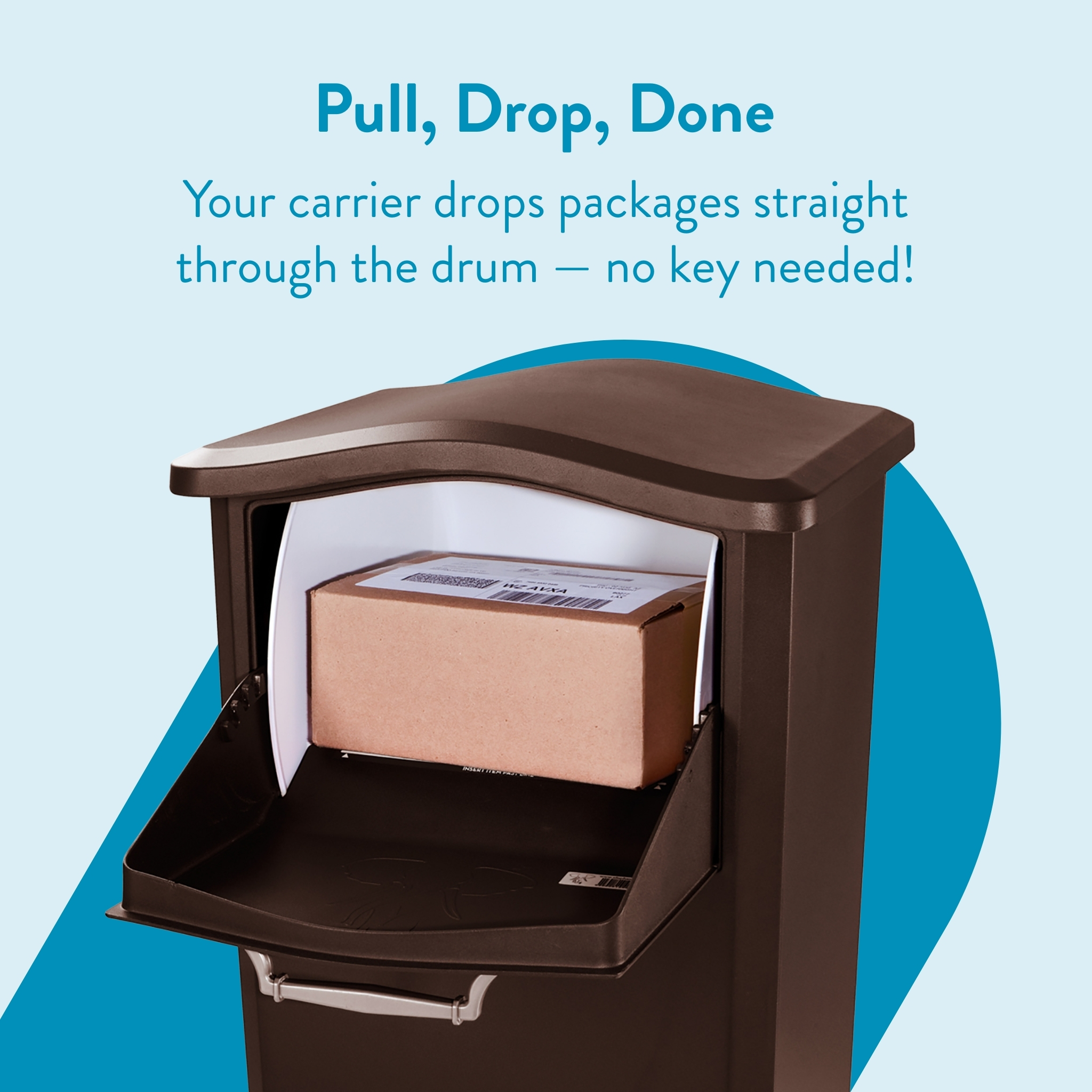 Brown parcel drop box with a cardboard package inside, illustrating contactless delivery.