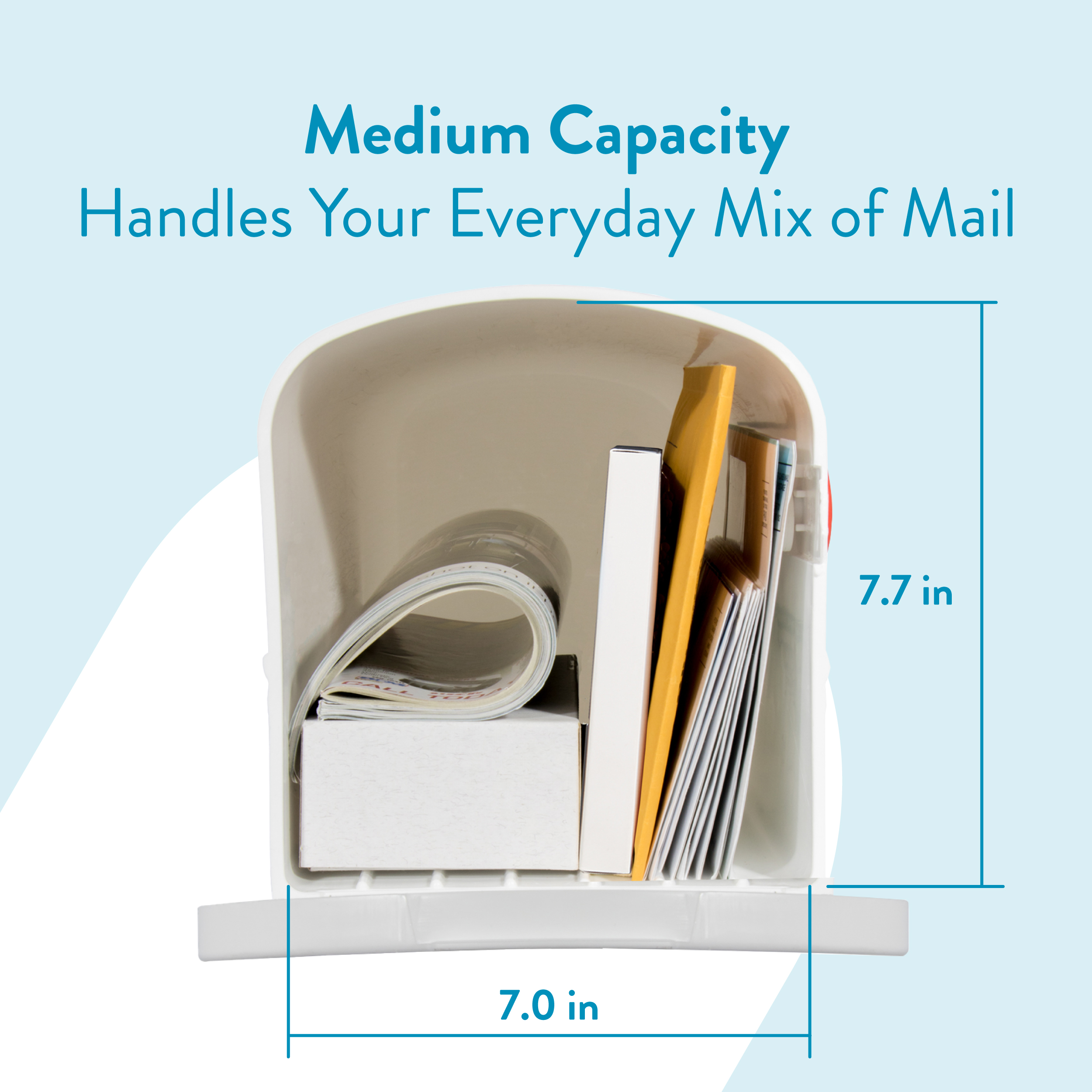 Open mailbox-style mail sorter filled with letters and envelopes, labeled 'Medium Capacity' for everyday mail handling.