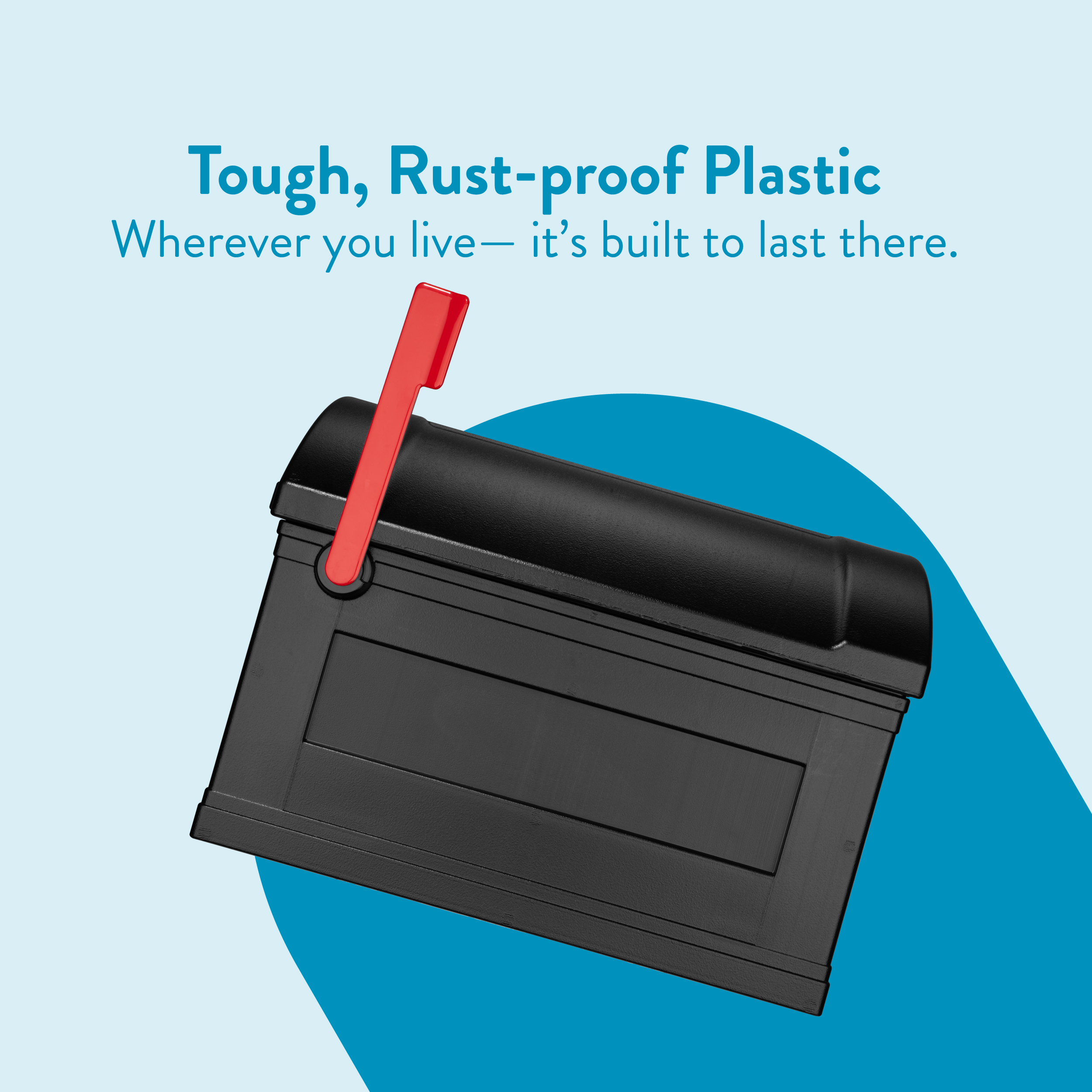 Durable battery made from rust-proof plastic, shown with a red lever, emphasizing it’s built to last anywhere.