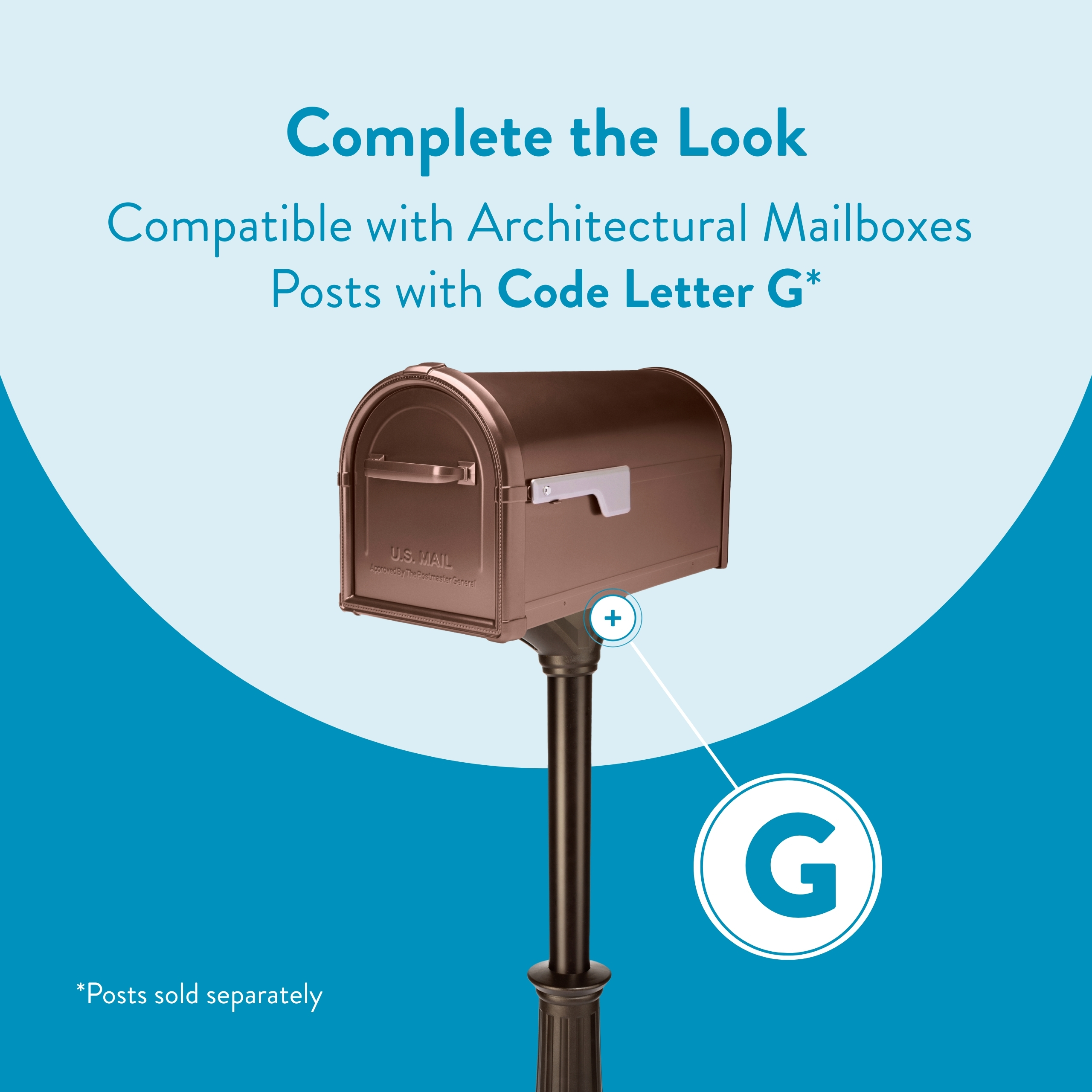 Promotional image showing a brown mailbox on a post with a circular 'G' compatibility badge against a blue background, advertising Code Letter G posts.