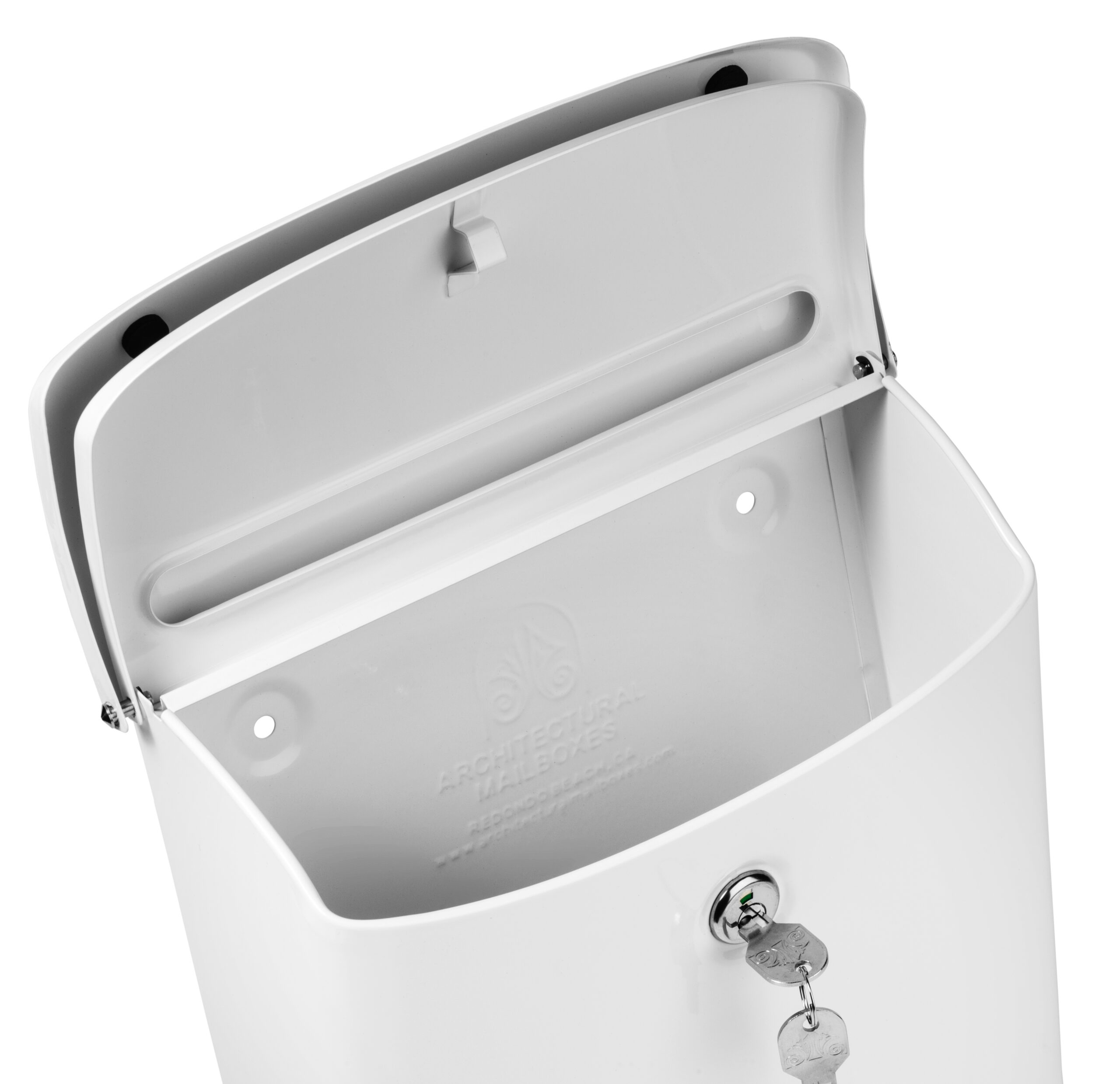 White mailbox with lid open, showing empty interior and mail slot
