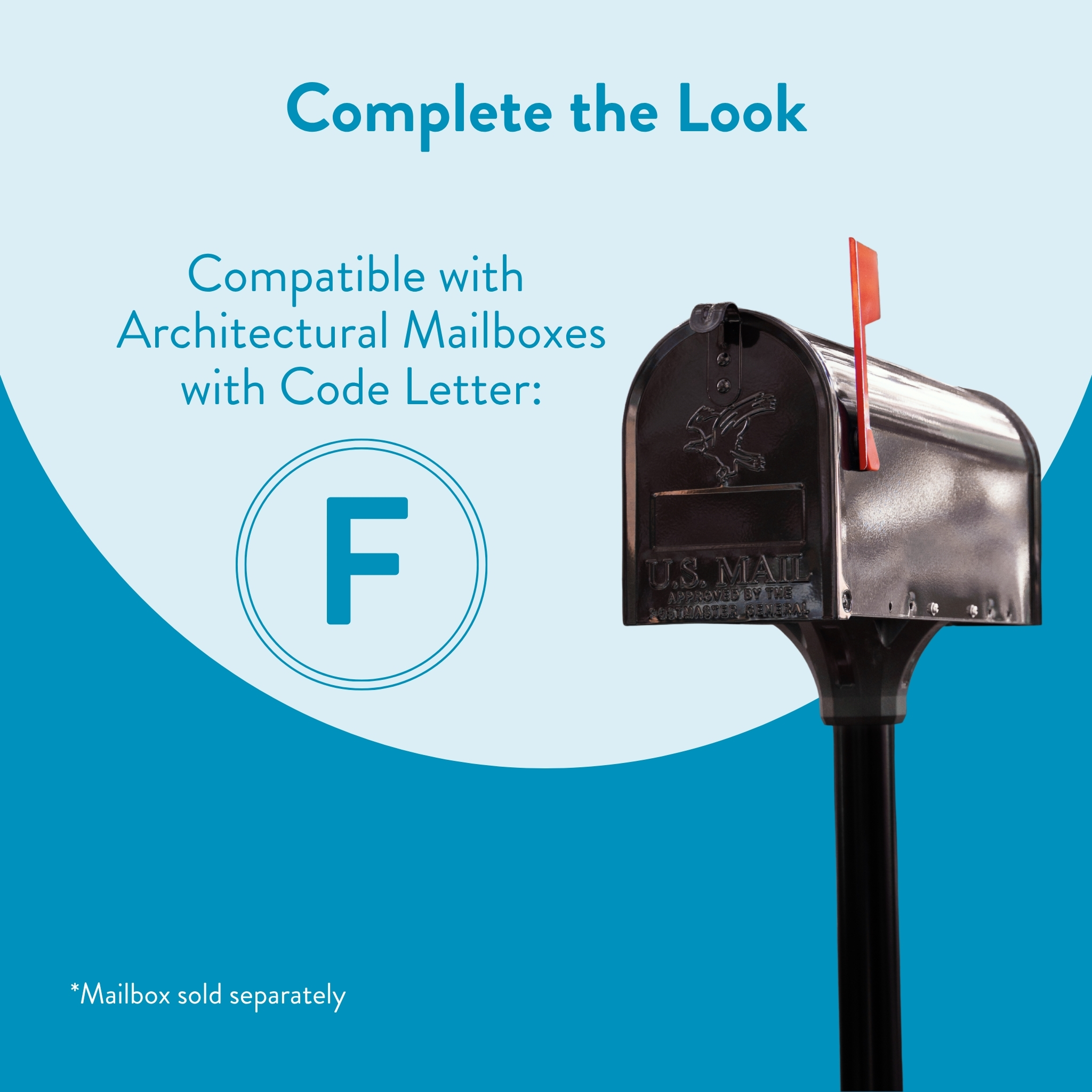 Marketing banner: ‘Complete the Look’ with code letter F, a blue F in a circle, and a black mailbox on a post.