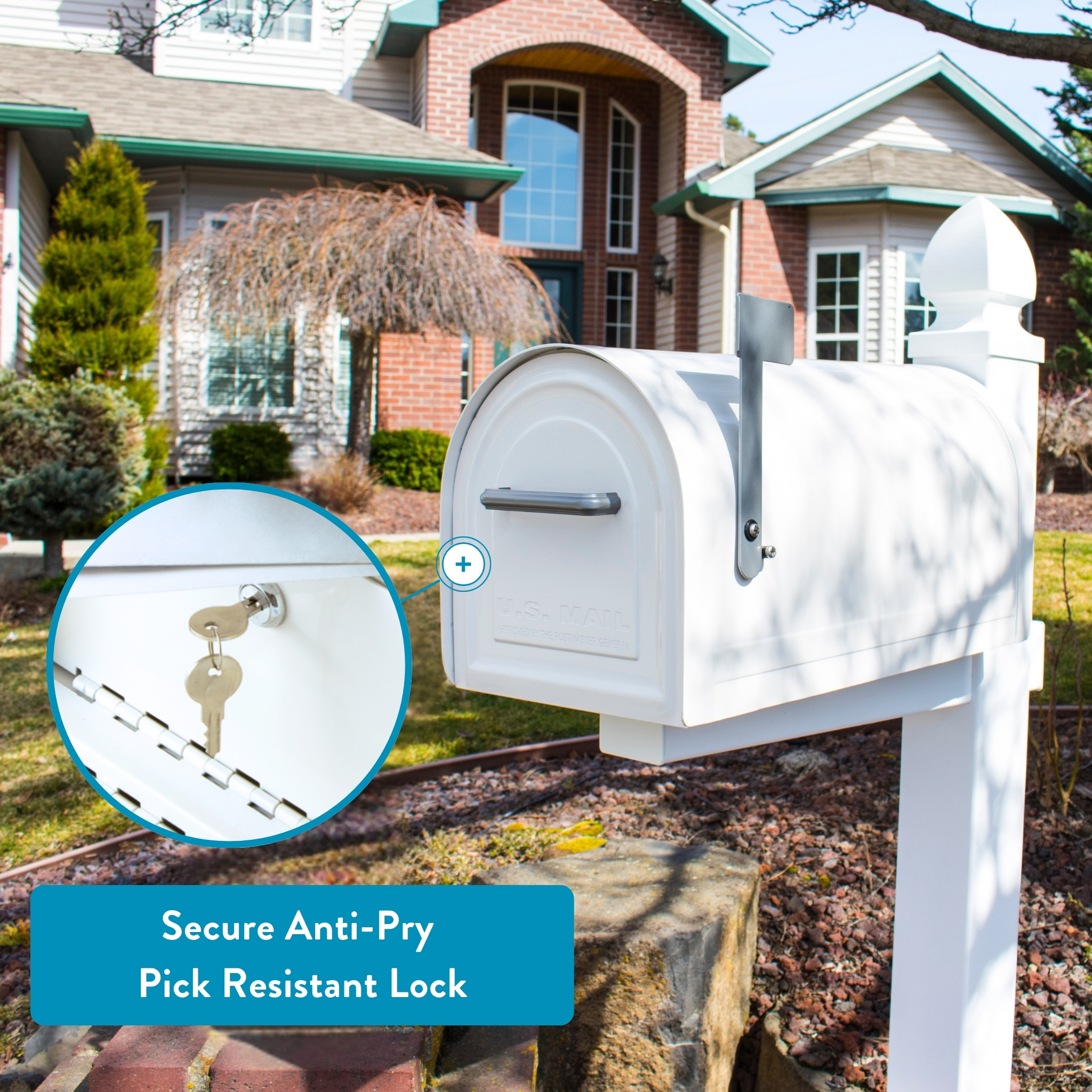 White curbside mailbox on a post in a yard; inset close-up shows a secure pick-resistant lock with two keys in the cylinder, emphasizing the lock’s security.