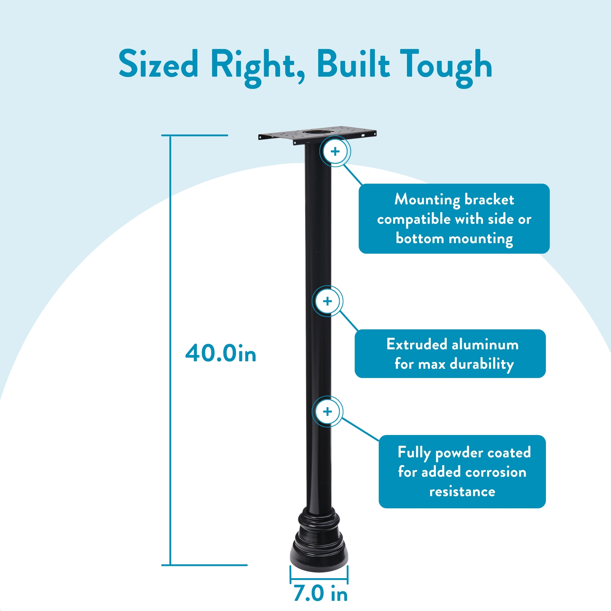 Black outdoor light pole with a square top, 40 inches tall and 7 inches wide, highlighting mounting options (side or bottom), durable extruded aluminum, and powder-coated finish for corrosion resistance.