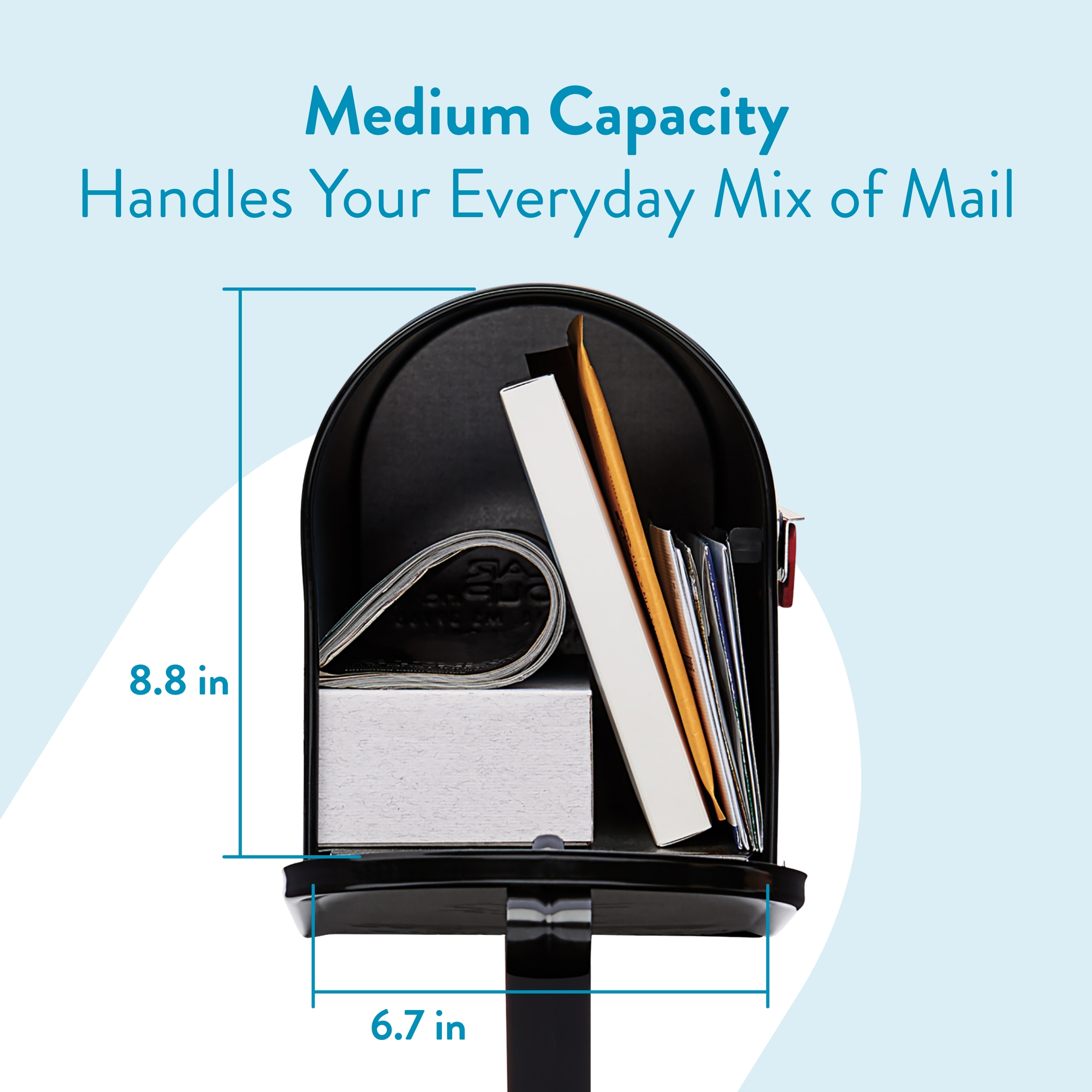 Black mailbox opened to reveal mail, a notebook, and small items, illustrating medium capacity with 8.8 in height and 6.7 in width information.