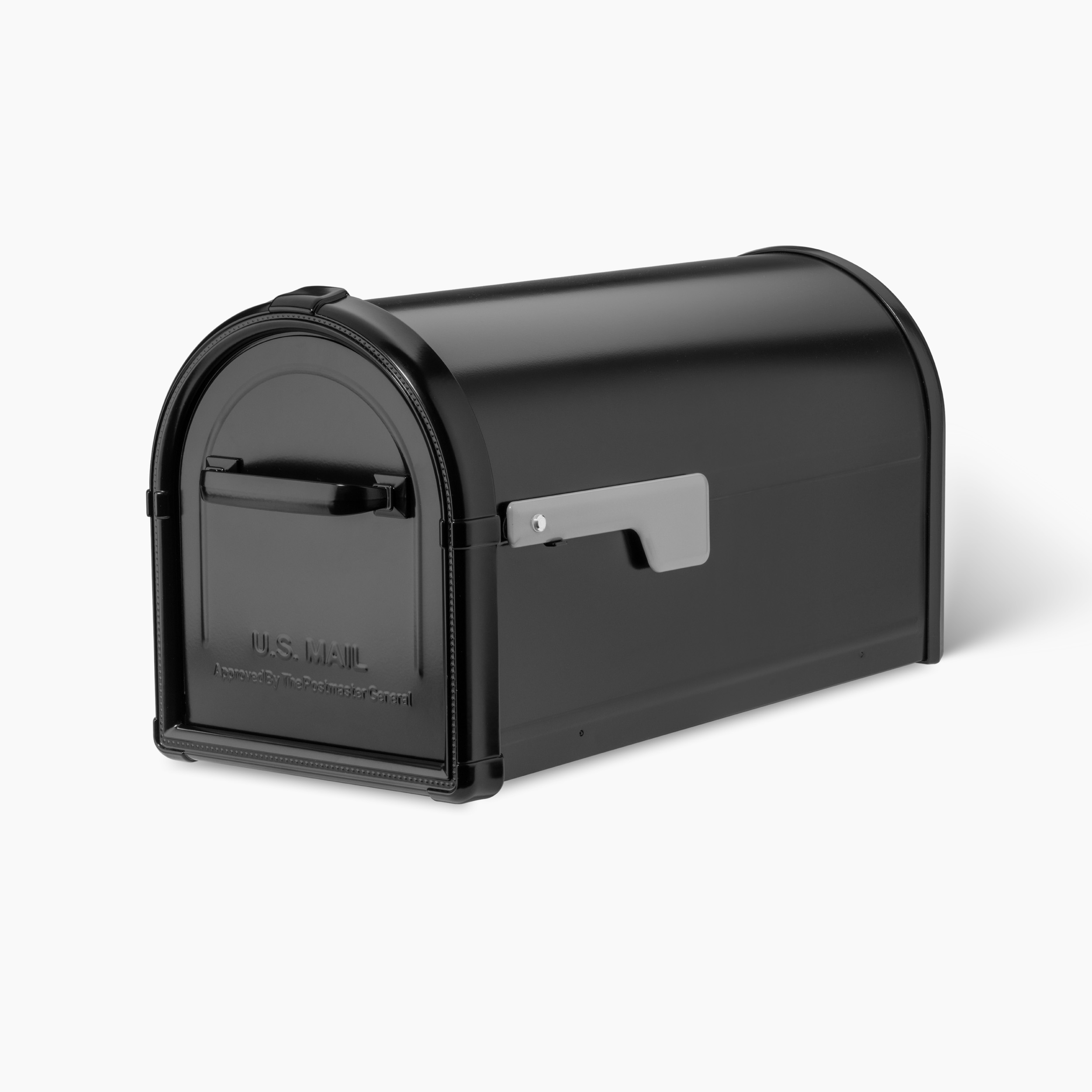 Black curved-top U.S. Mail mailbox with a front door and silver latch, closed for delivery.