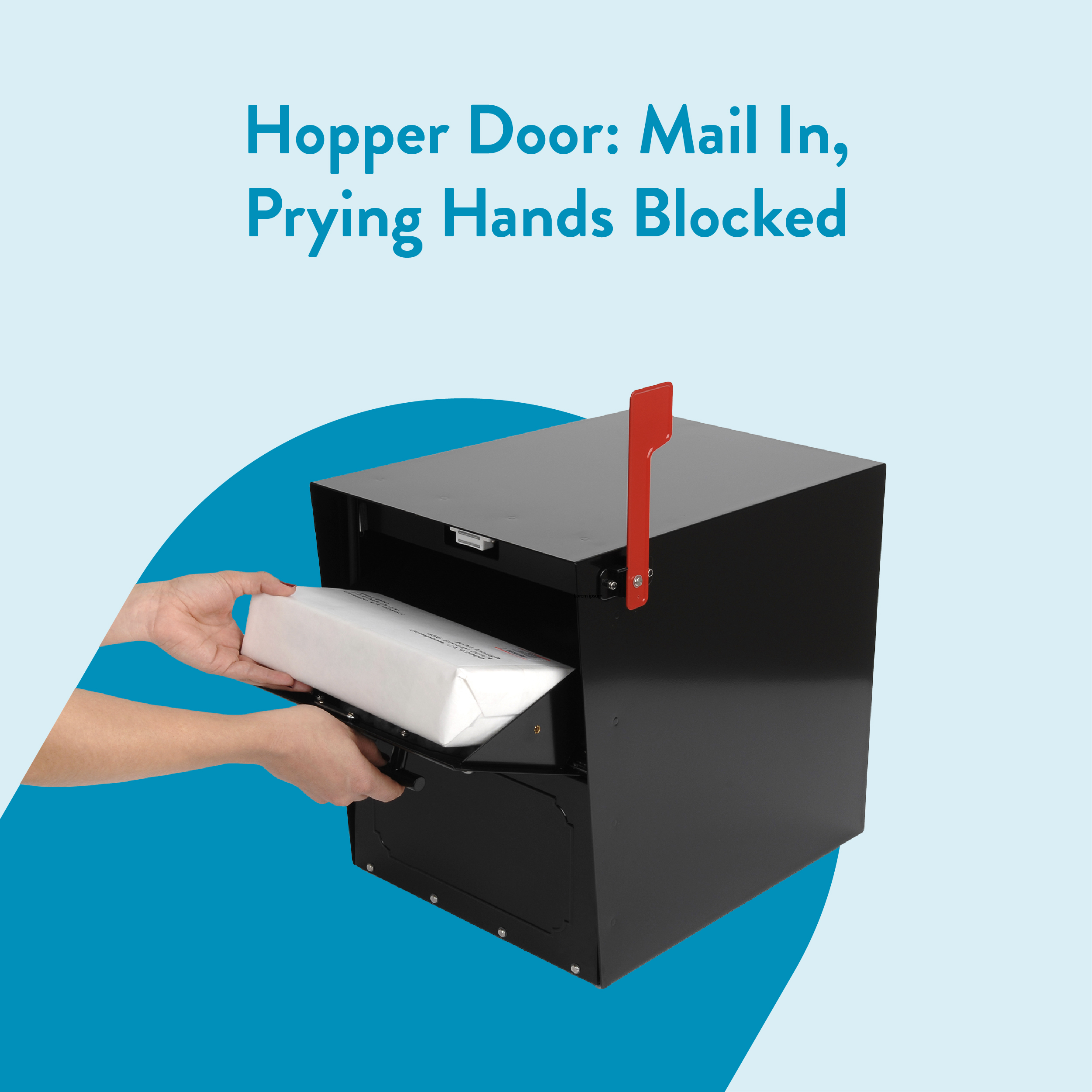 Person inserts a white parcel into a black mail-in hopper with a red handle against a light blue background, illustrating mail-in submission.