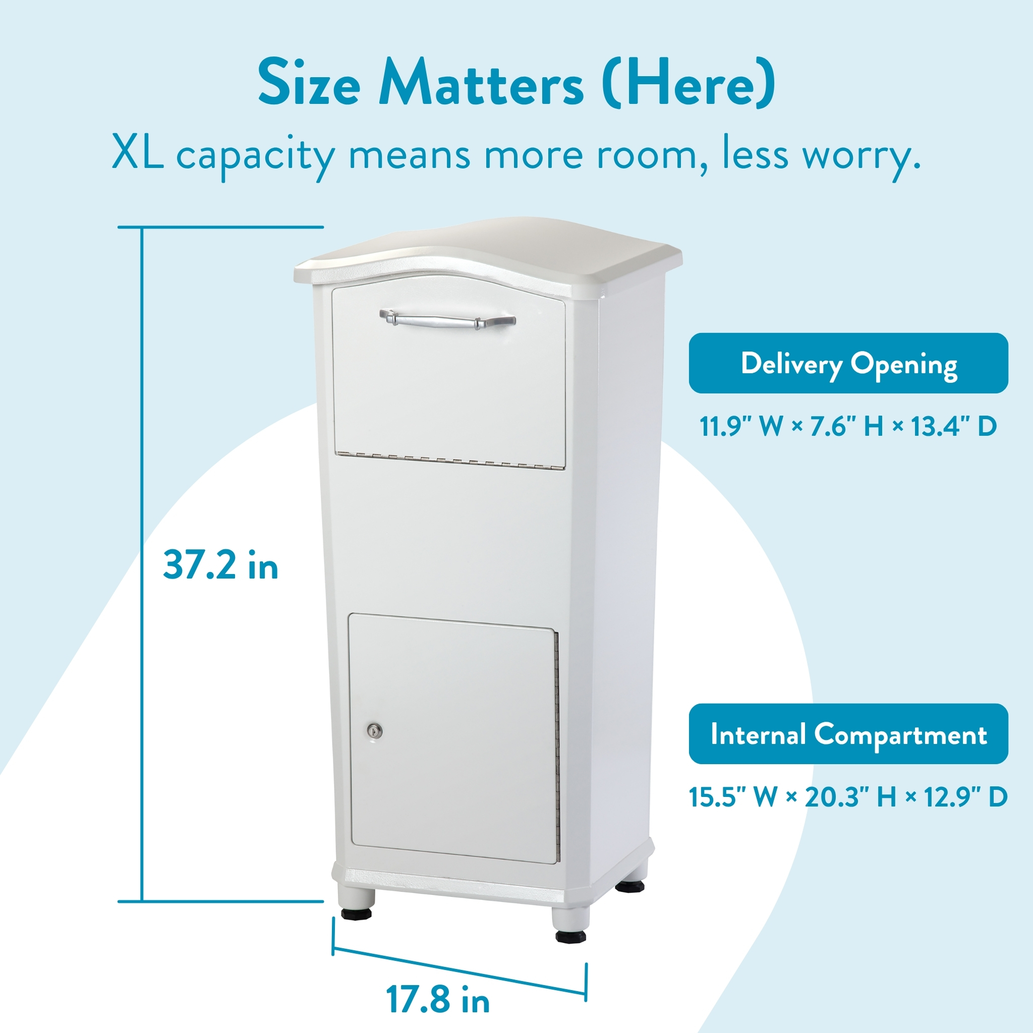 Promotional infographic showing a tall white appliance with blue text 'Size Matters (Here)' and 'XL capacity means more room, less worry,' with measurement lines around the item.