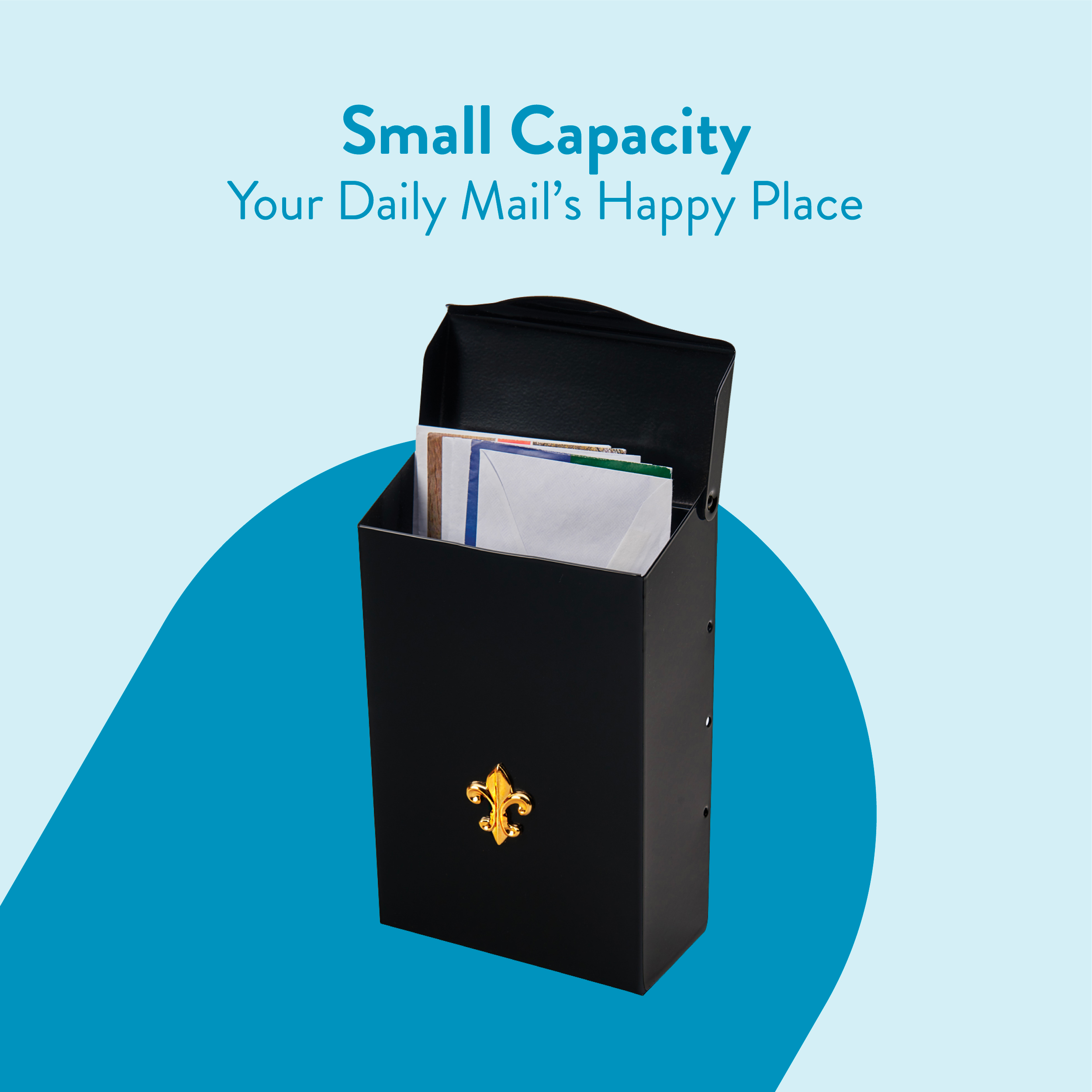 Black mail organizer with envelopes visible inside, placed on a light-blue background with a bold blue arc, accompanying text reads 'Small Capacity Your Daily Mail’s Happy Place'.