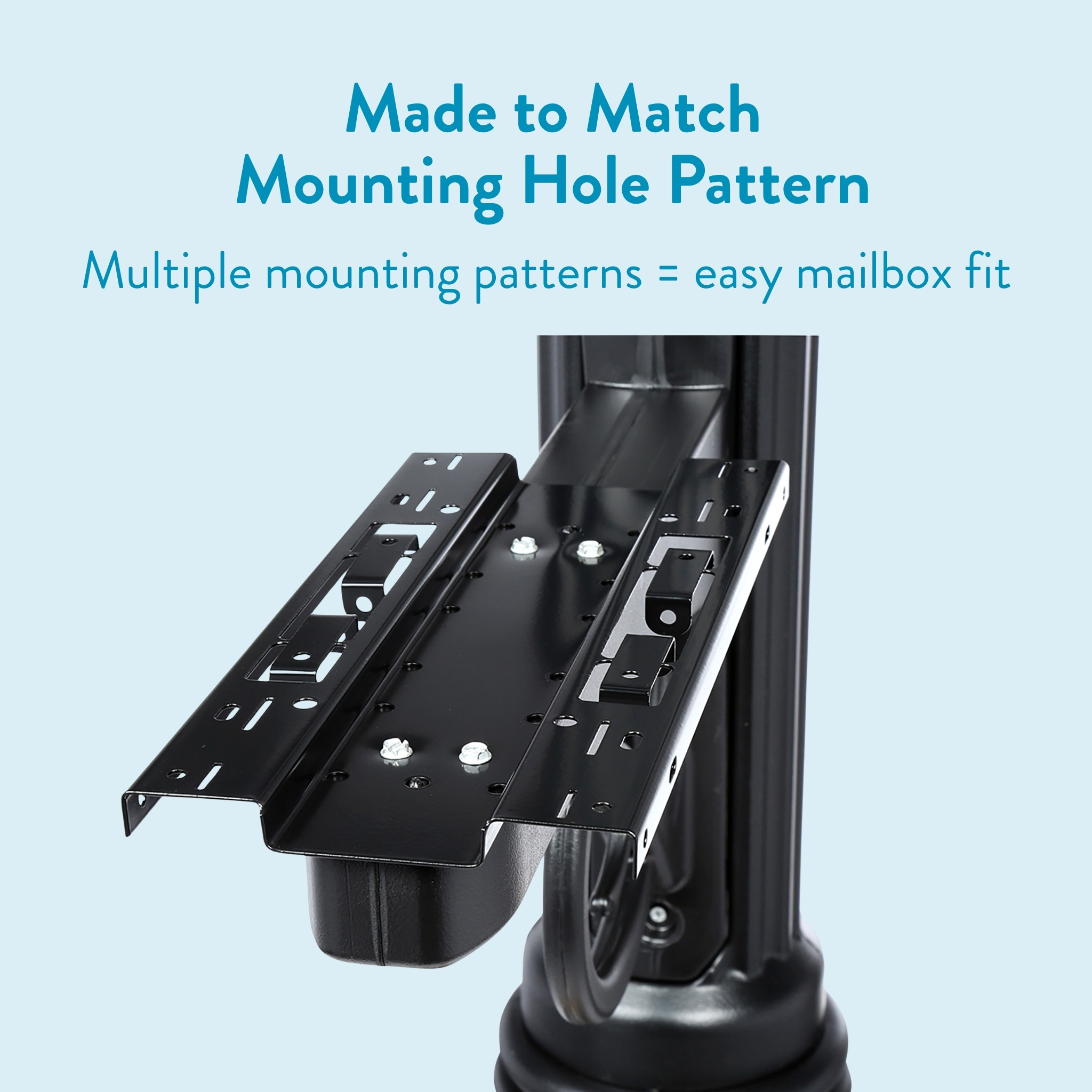 Banner showing adjustable mounting rails for a robotic mount with the headline 'Made to Match Mounting Hole Pattern' on a light blue background