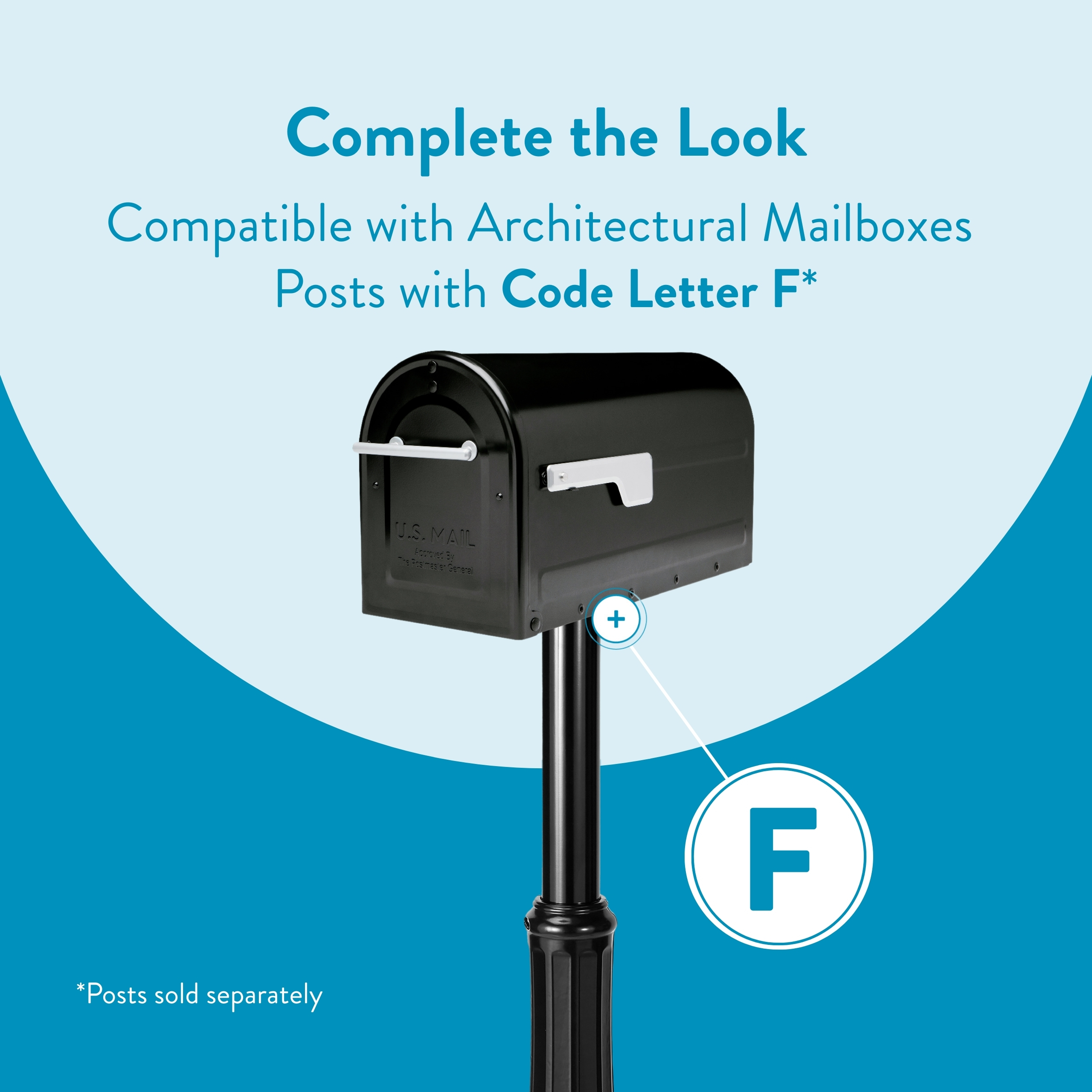 Ad for mailbox posts showing a black mailbox on a post with a circular 'F' label, promoting compatibility with Code Letter F posts.