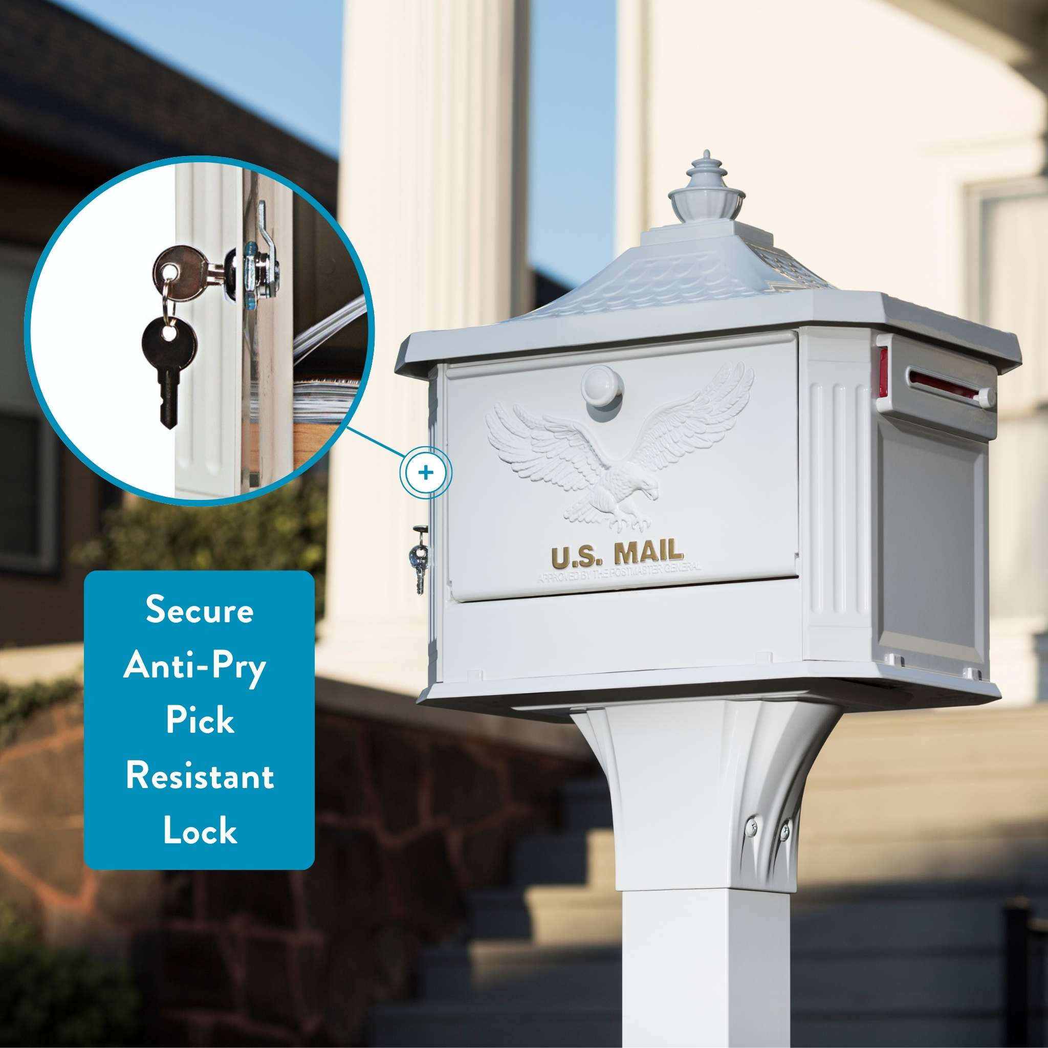 White U.S. Mail mailbox on a post with a secure, pick-resistant lock; inset shows keys in the lock.