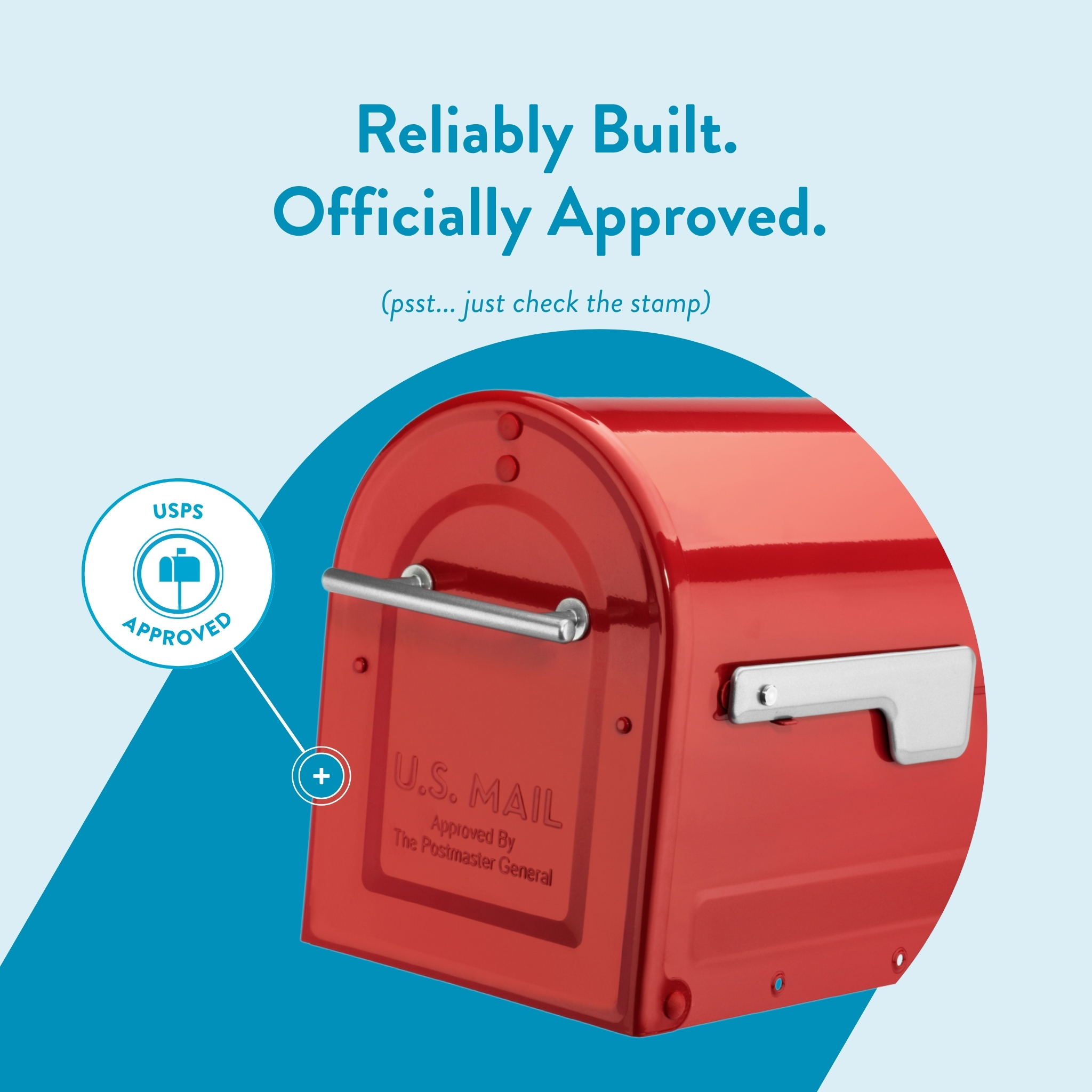 Promotional graphic: red U.S. Mail mailbox with an Officially Approved stamp and the headline 'Reliably Built. Officially Approved.'