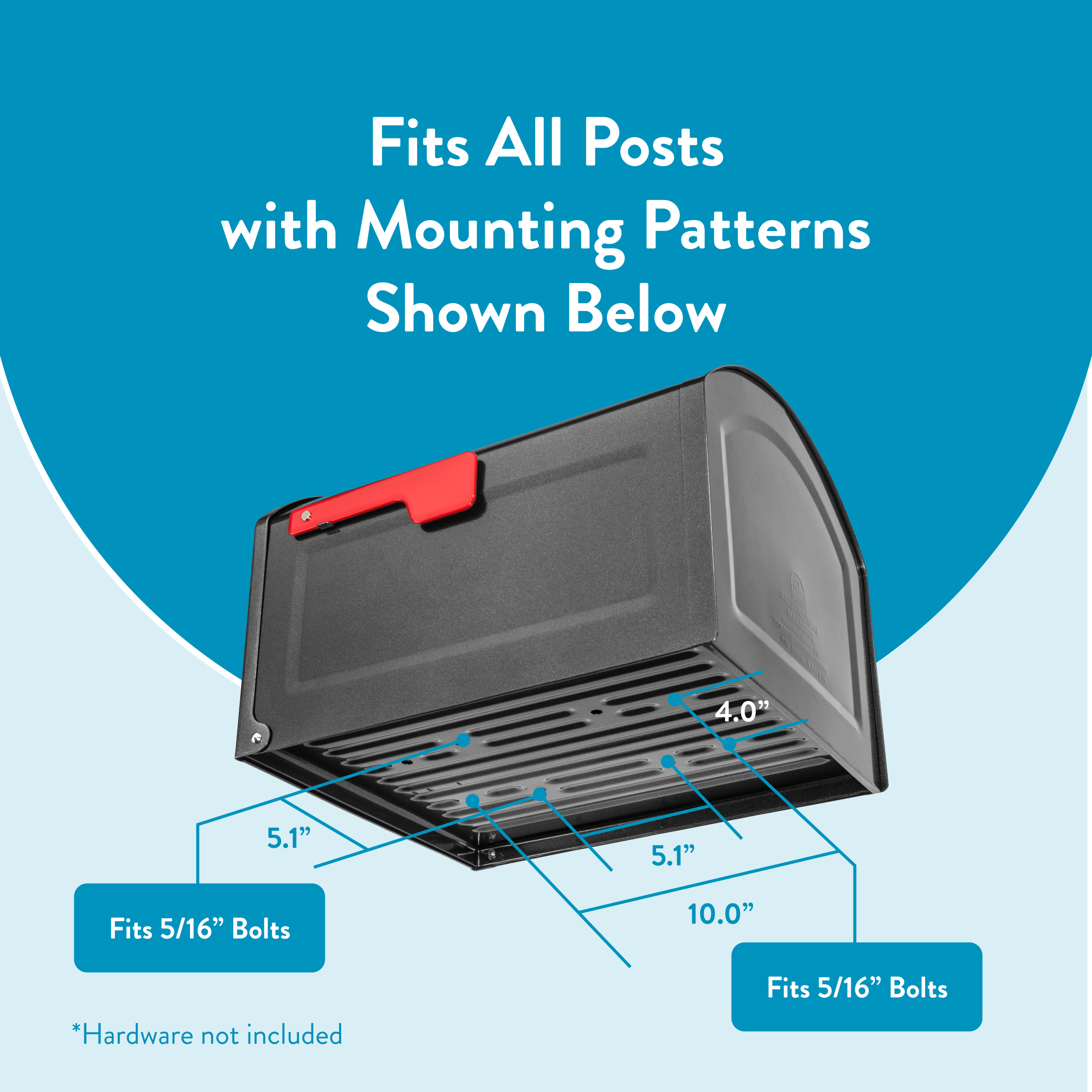 Mounting box with a bolt-pattern diagram and size measurements (4.0", 5.1", 10.0") for 5/16" bolts; hardware not included.