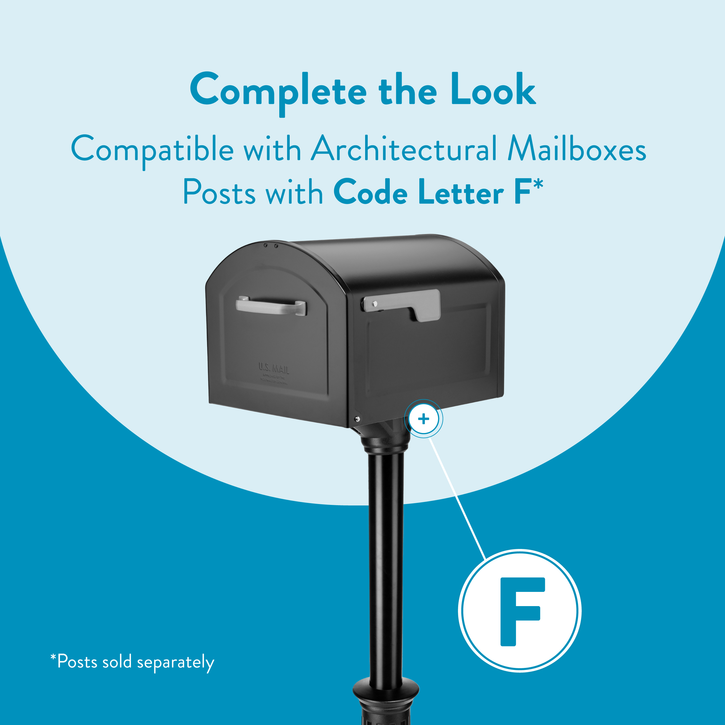 Black mailbox on a post with a blue background; advert showing compatibility with Architectural Mailboxes posts (Code Letter F).
