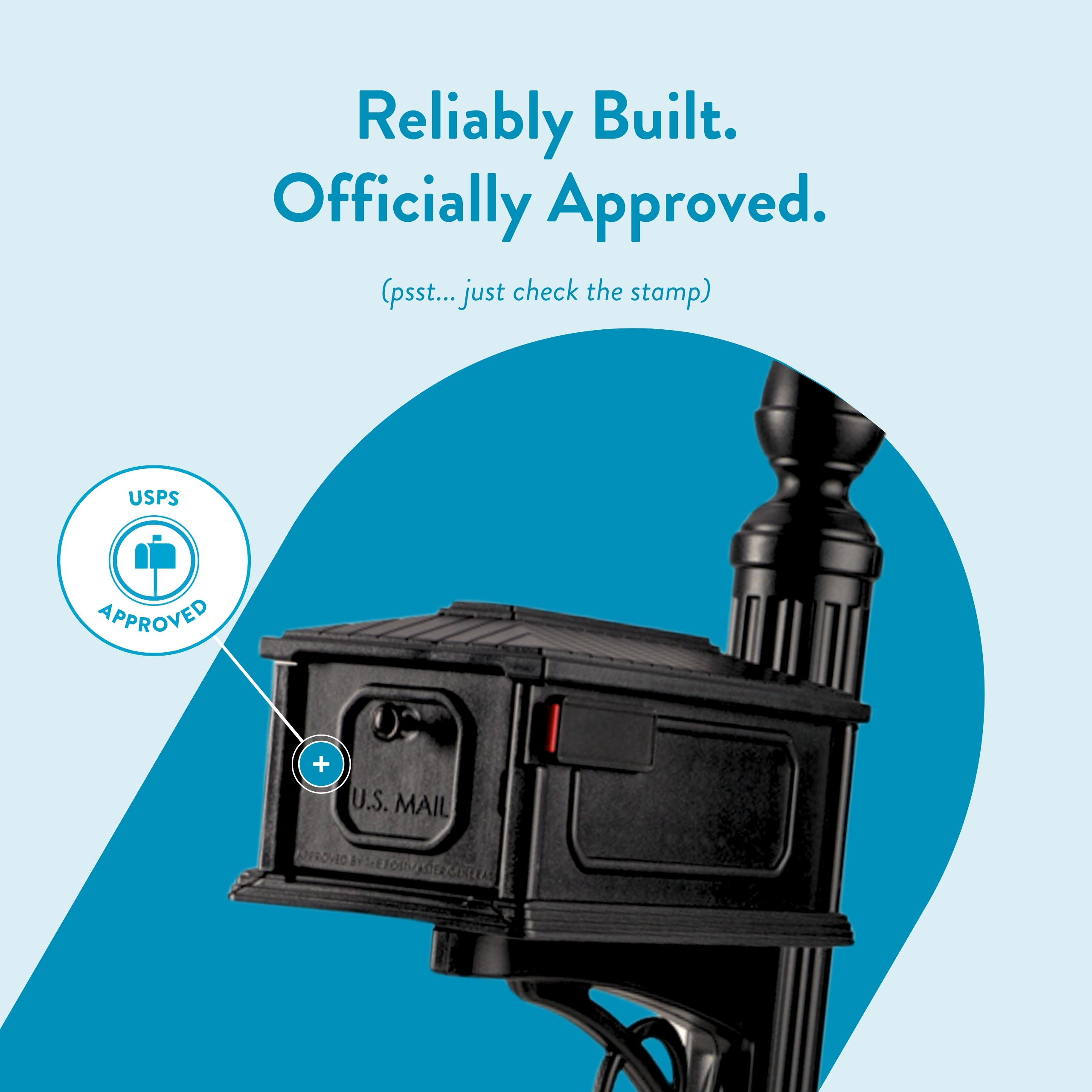 Poster-style image reading 'Reliably Built. Officially Approved.' with a USPS Approved stamp and a close-up of a mail-stamping device.